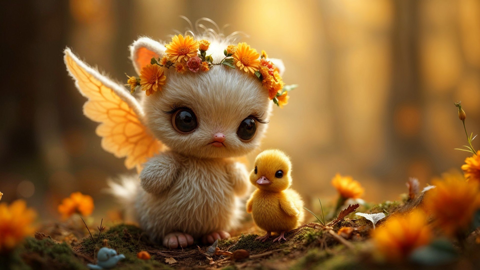 Whimsical Forest Scene with Fluffy Creature and Duckling