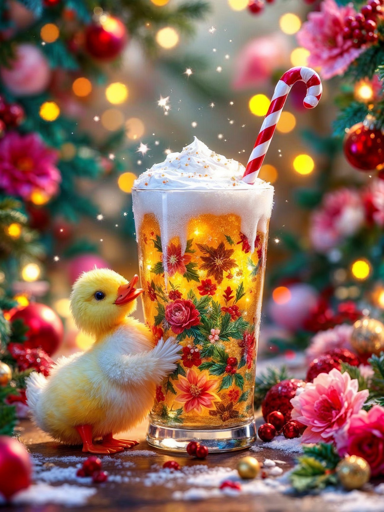 Cheerful Duckling with Festive Drink in Holiday Setting