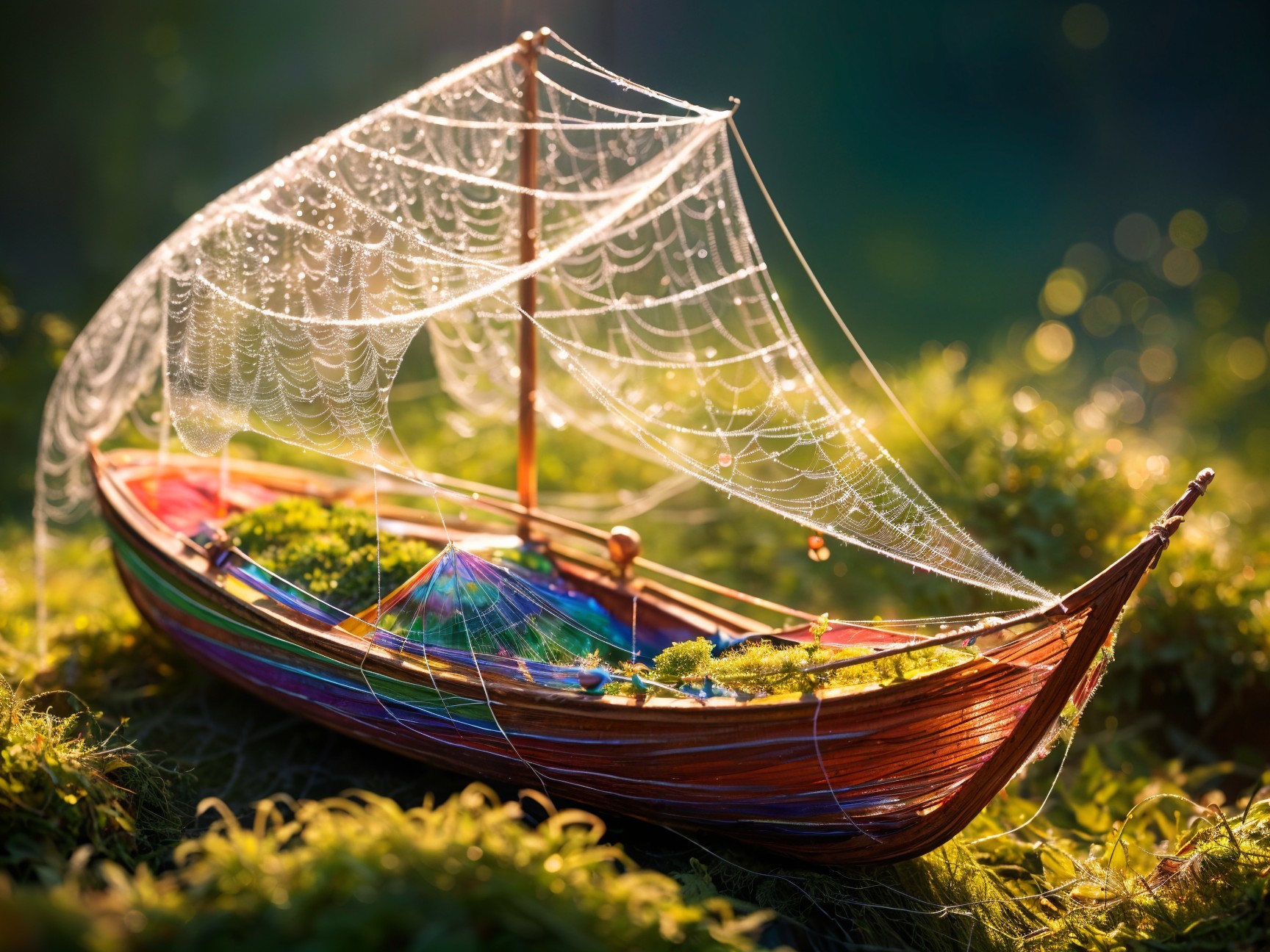 Miniature Boat on Greenery with Spider Webs and Dew