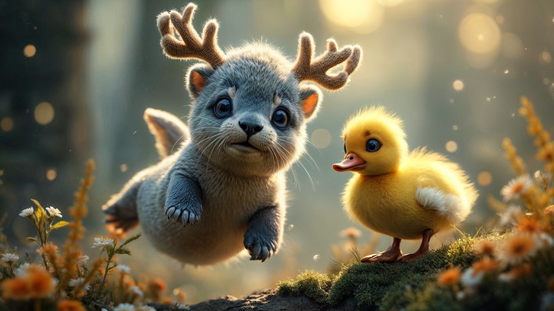 Whimsical Forest Scene with Furry Creature and Duckling