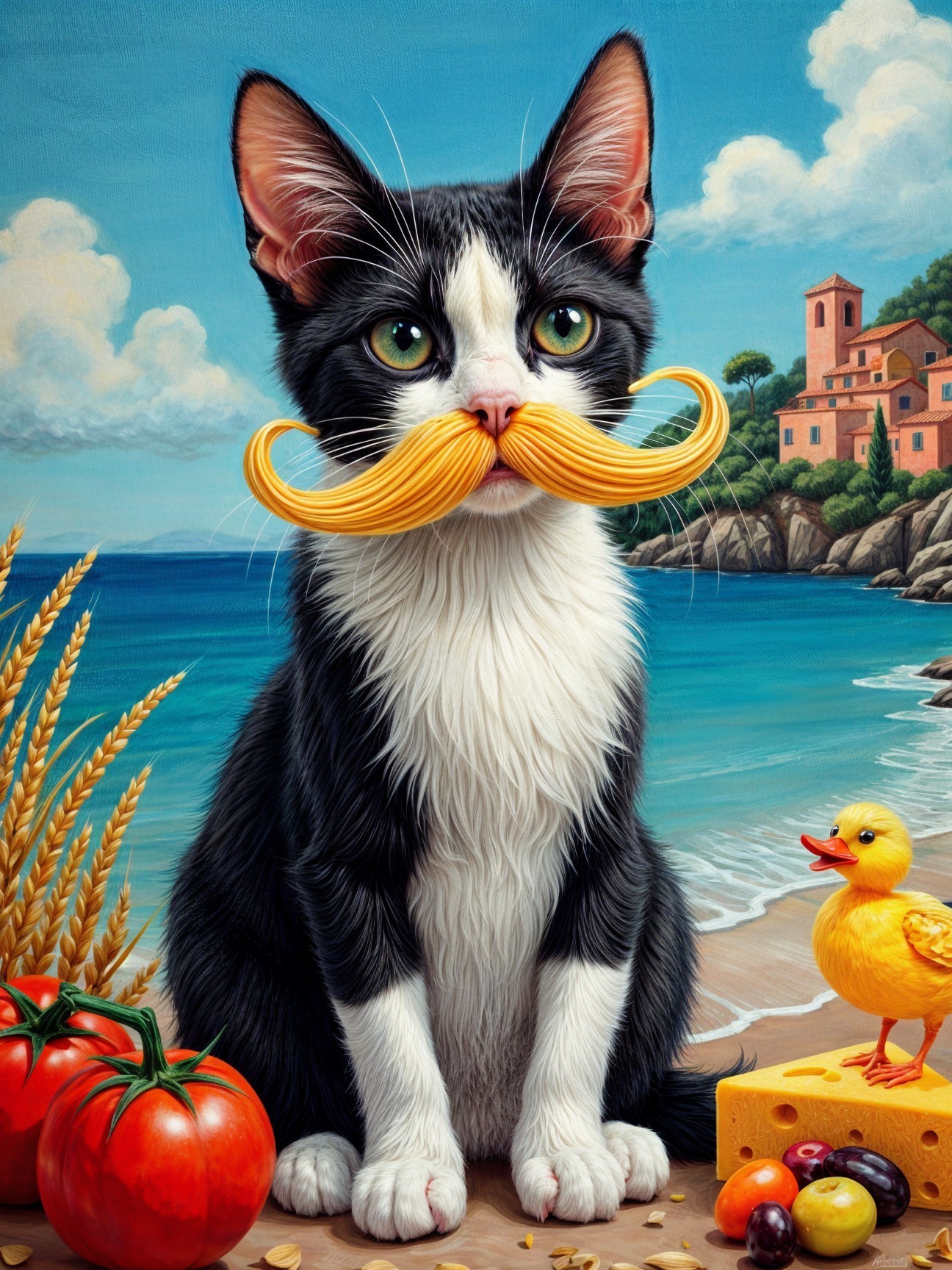 Black and white cat with yellow mustache by seaside