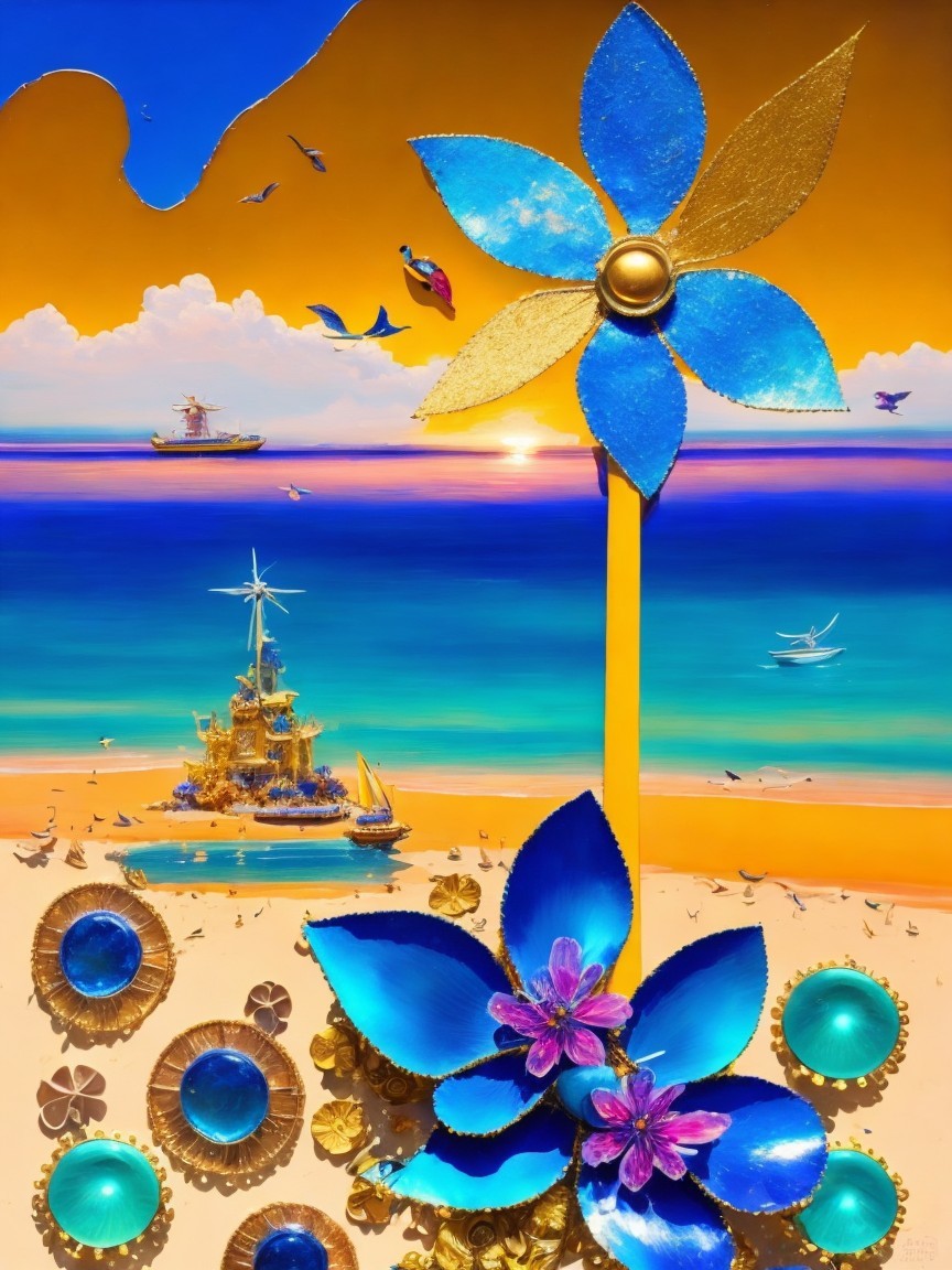 Vibrant Seaside Scene with Colorful Landscape Elements