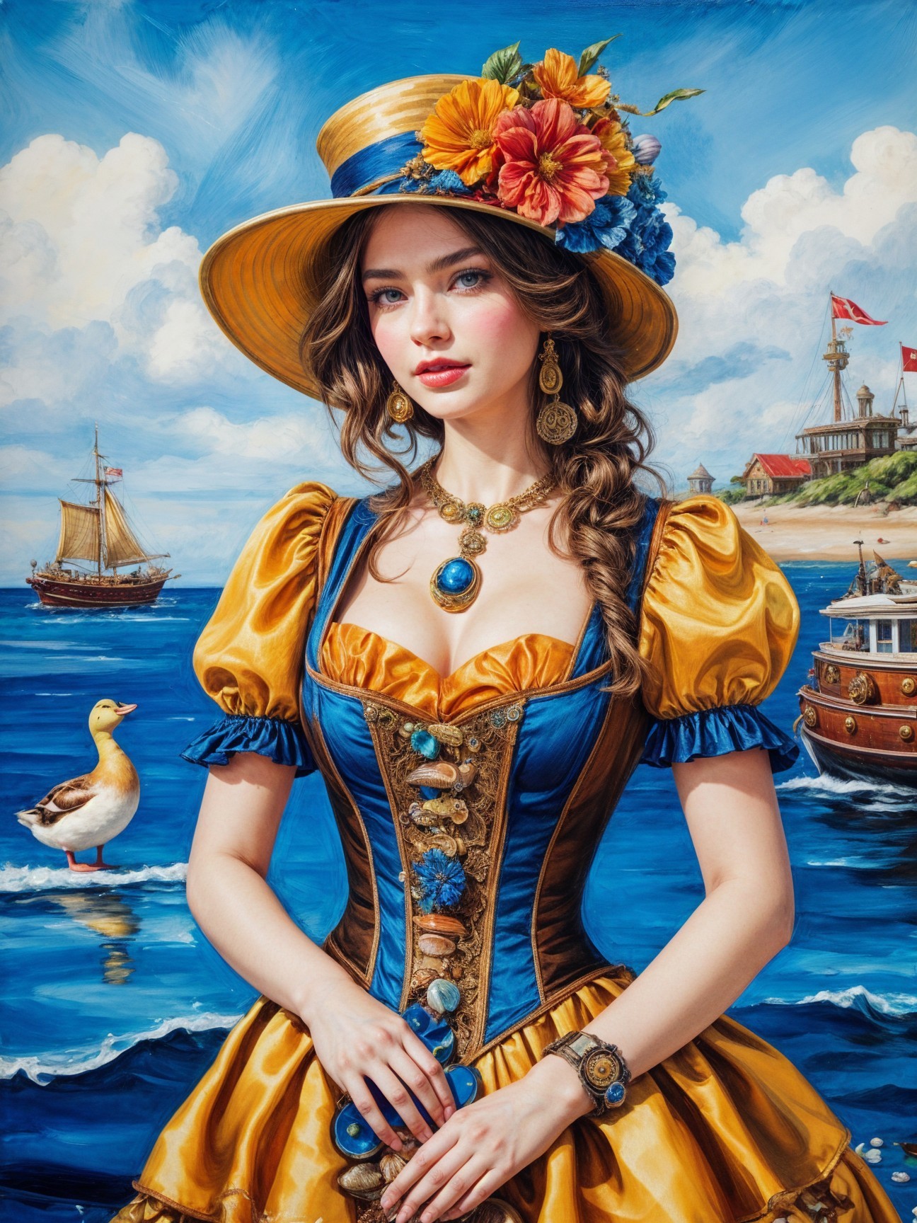 Young Woman in Blue and Gold Dress at Seaside