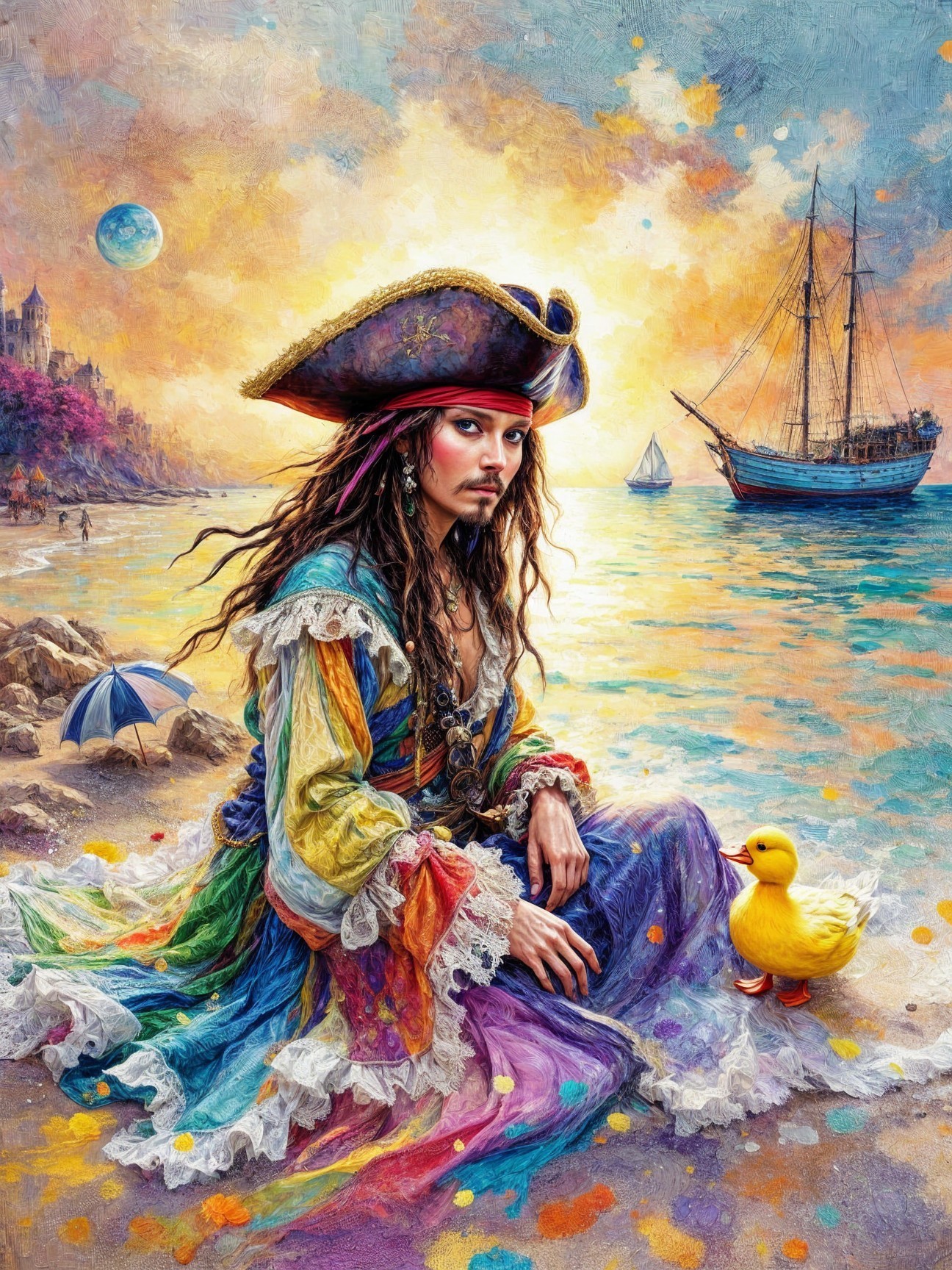 Whimsical Pirate on Colorful Beach at Sunset
