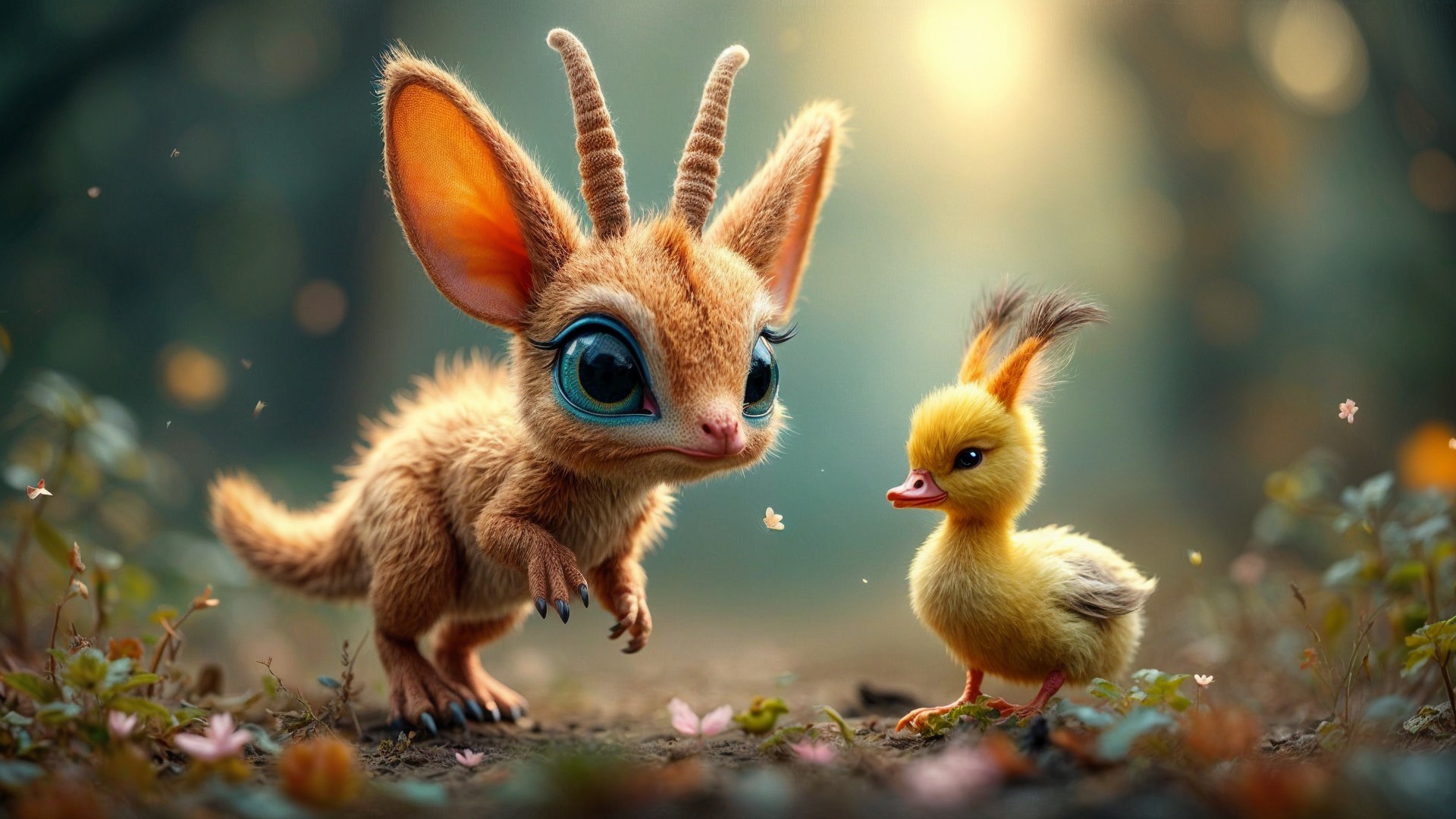 Whimsical Forest Scene with Cute Creature and Duckling