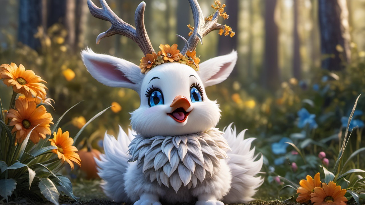 Fluffy Creature in Whimsical Forest with Flowers