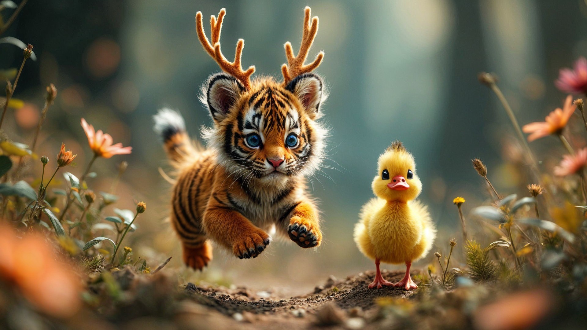 Playful tiger cub and duckling in vibrant forest scene