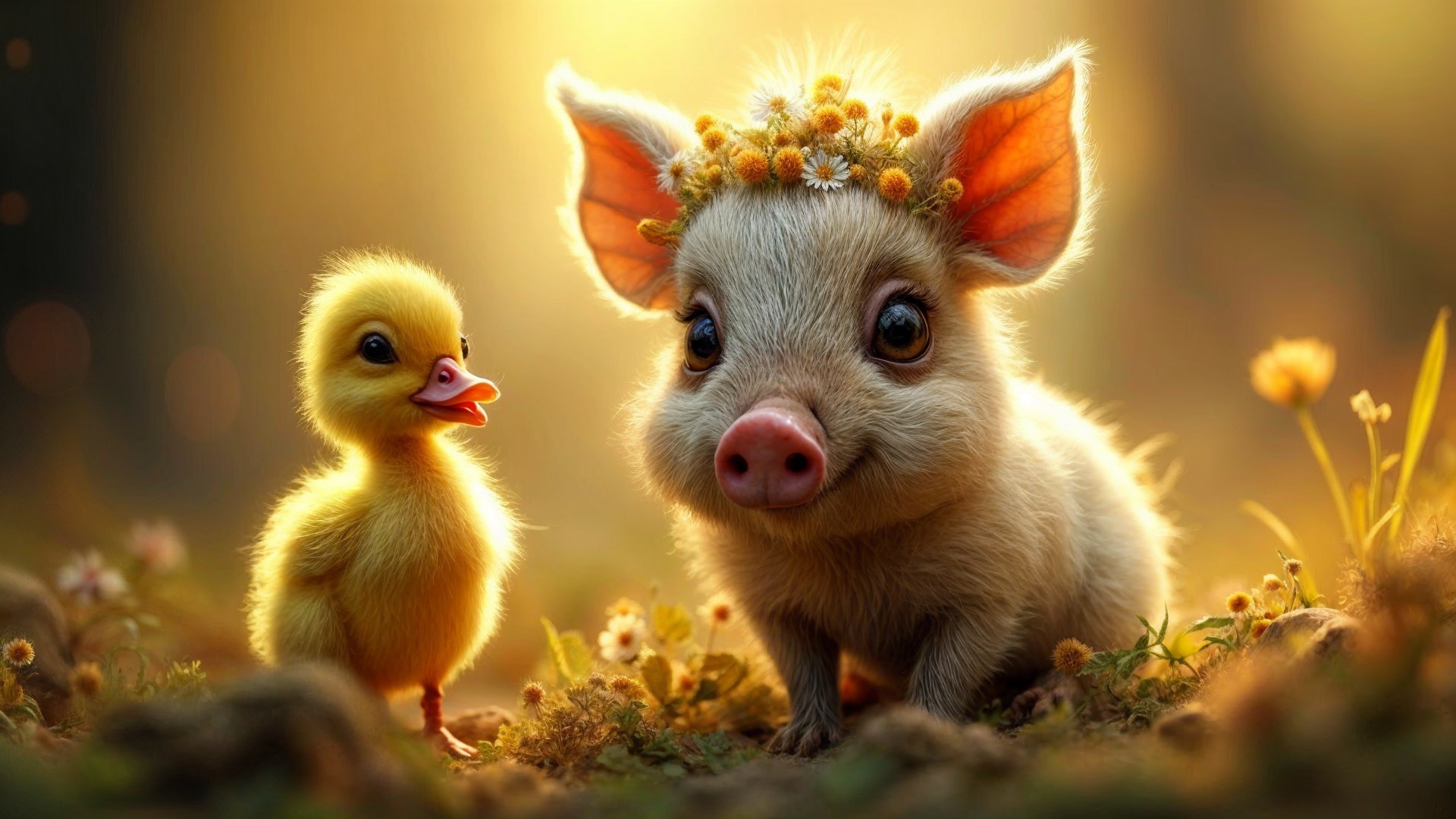 Cute Piglet with Floral Crown and Duckling in Nature