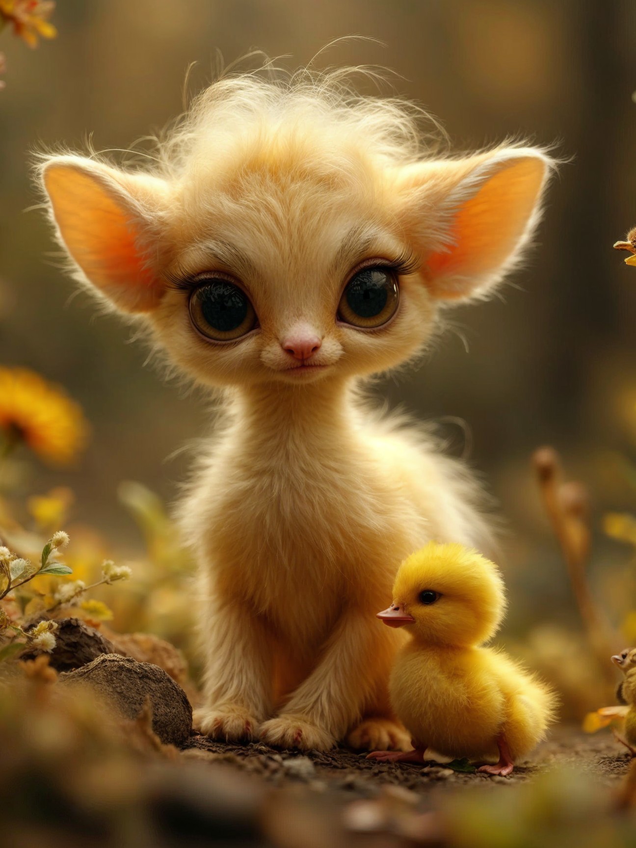 Whimsical Scene of a Fluffy Creature and Duckling