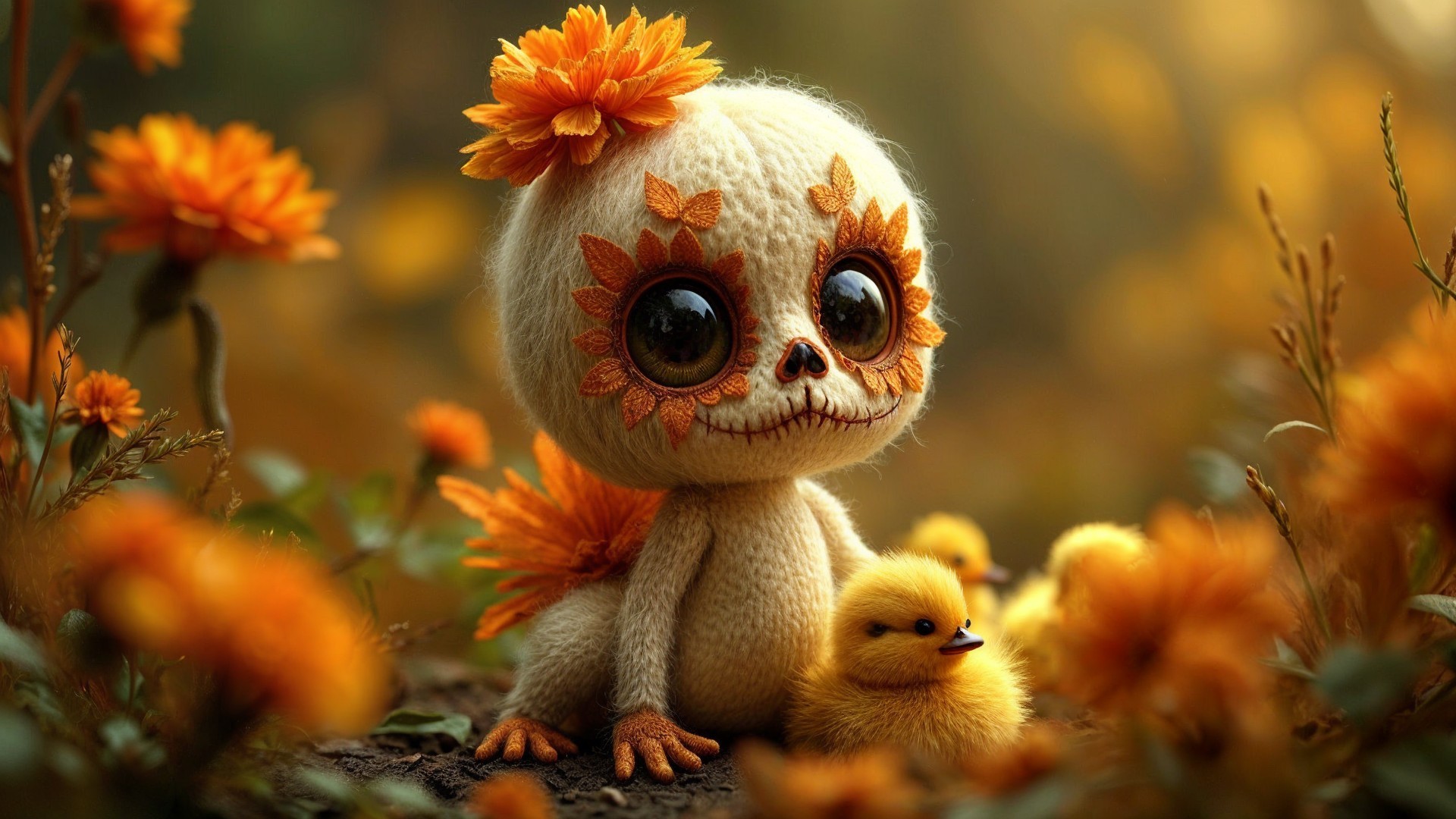 Whimsical Character Surrounded by Autumn Flowers