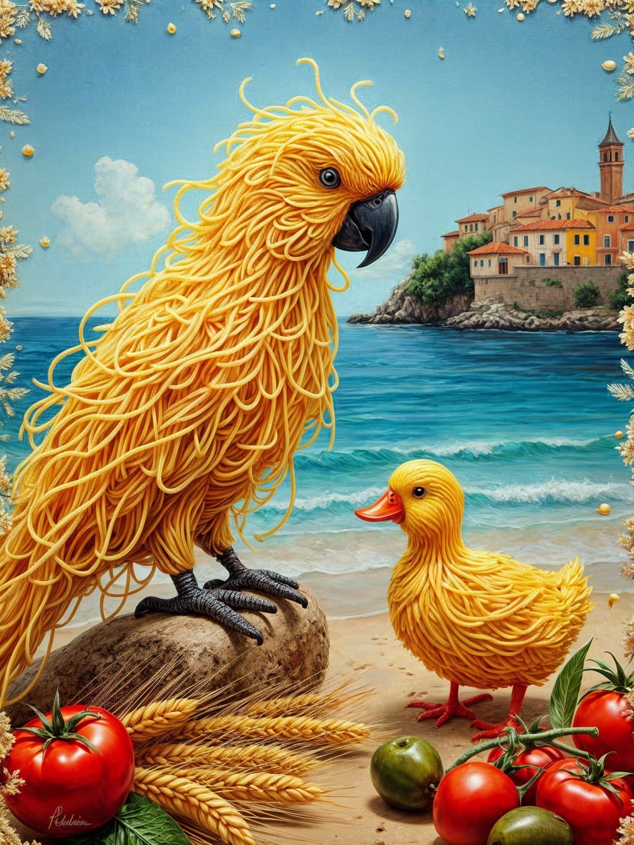Whimsical Beach Scene with Pasta-Inspired Creatures