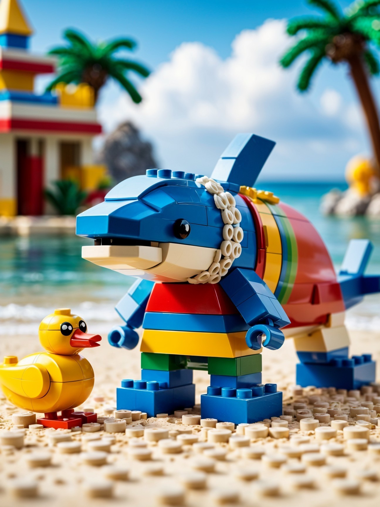 Colorful LEGO Dolphin and Rubber Duck on Beach Scene