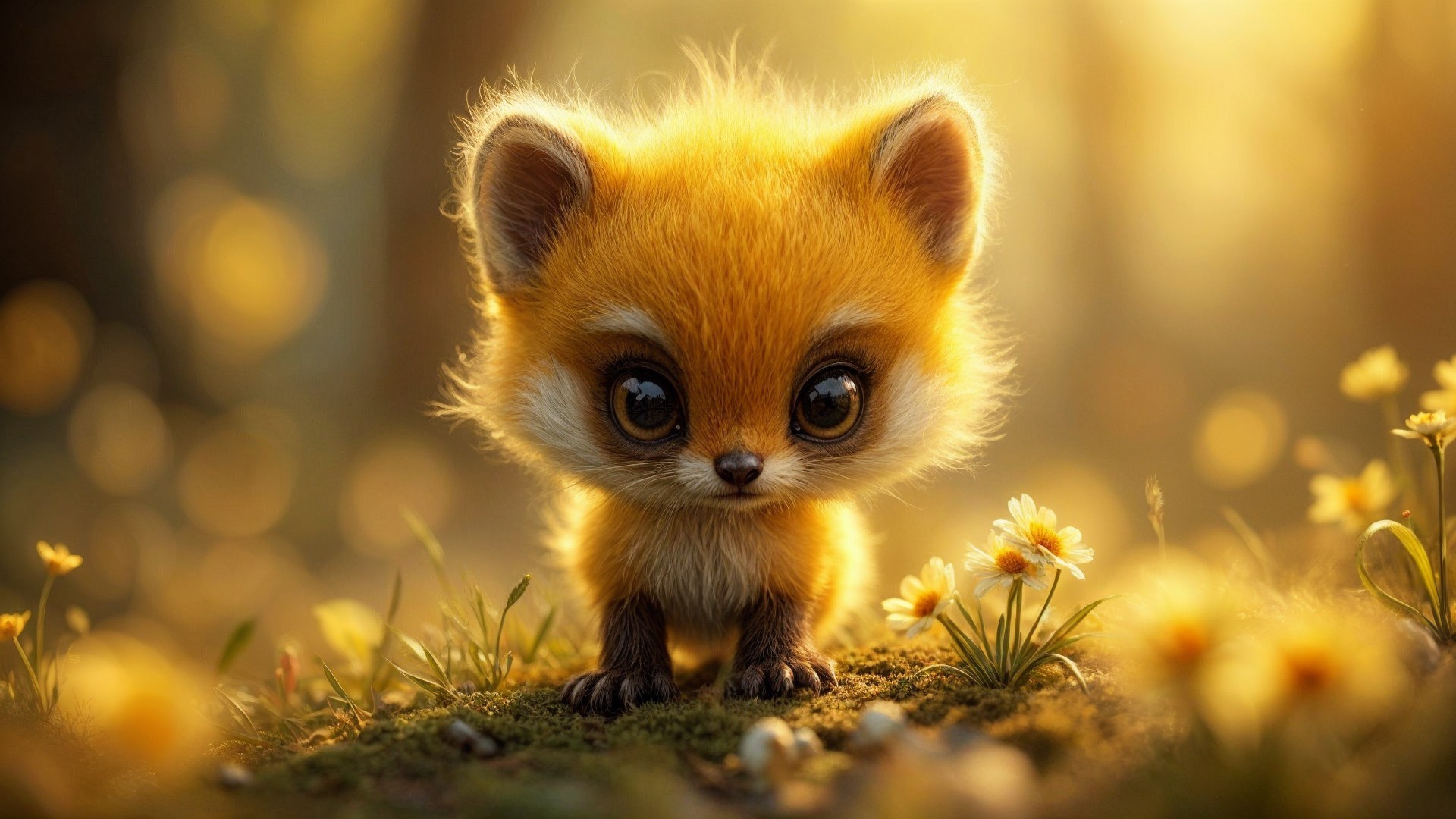Adorable fox in a flower-filled field under sunlight
