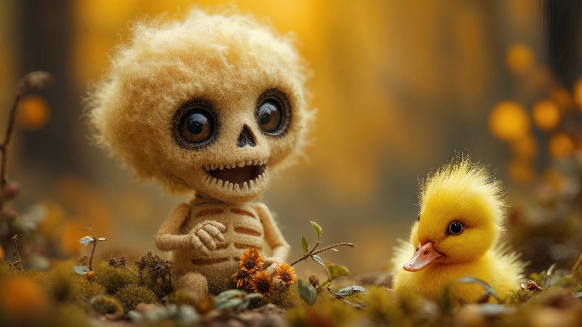 Cheerful Skeleton Doll and Duckling in a Forest Setting