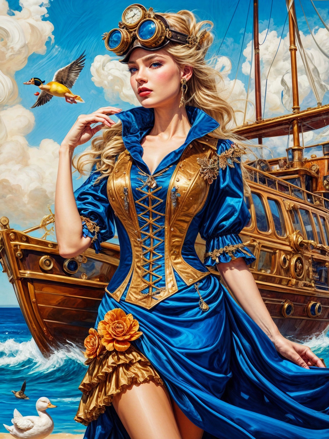 Steampunk Woman in Blue and Gold Nautical Scene