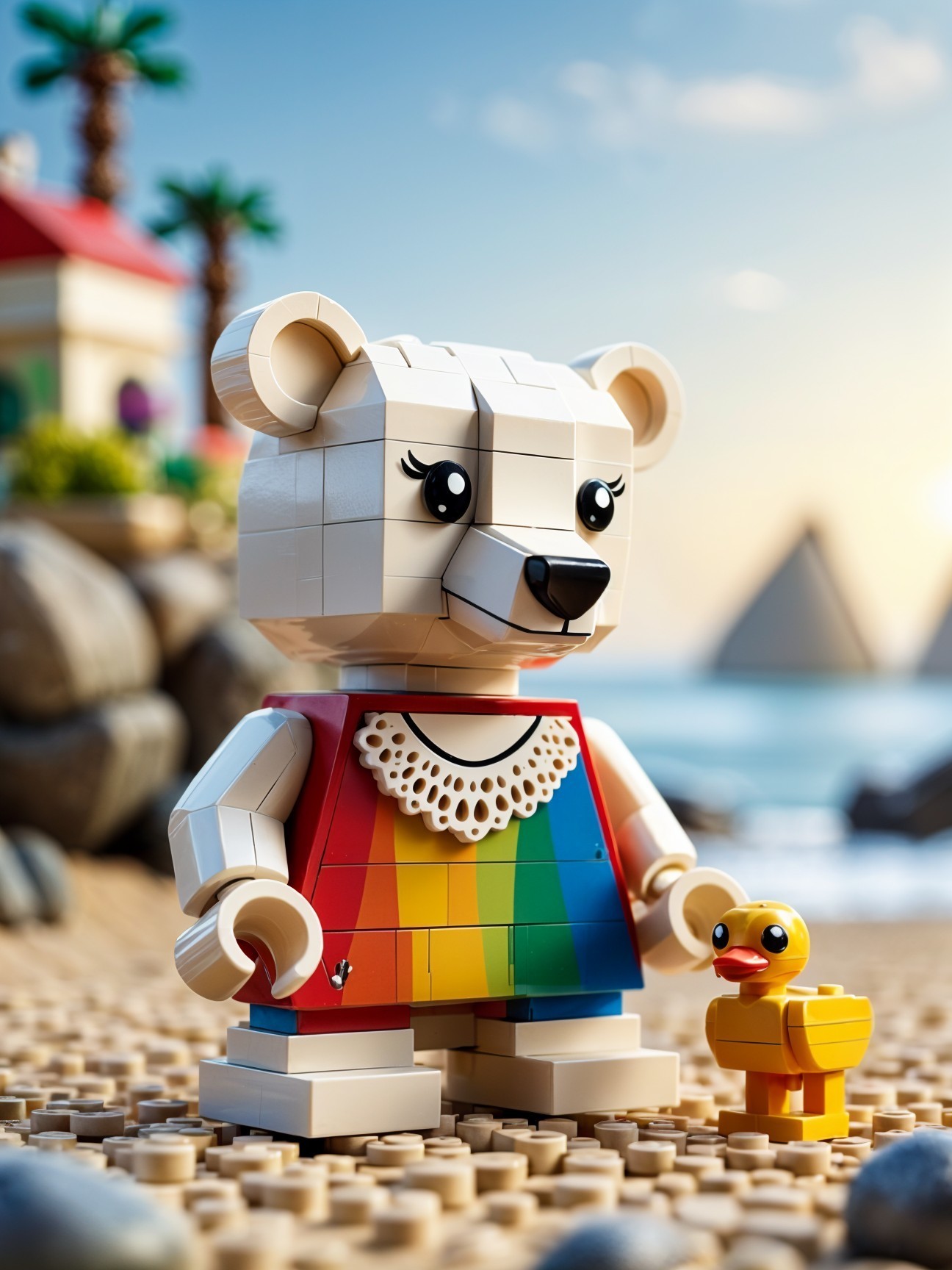 LEGO Bear and Duck Figures on a Sunny Beach Scene