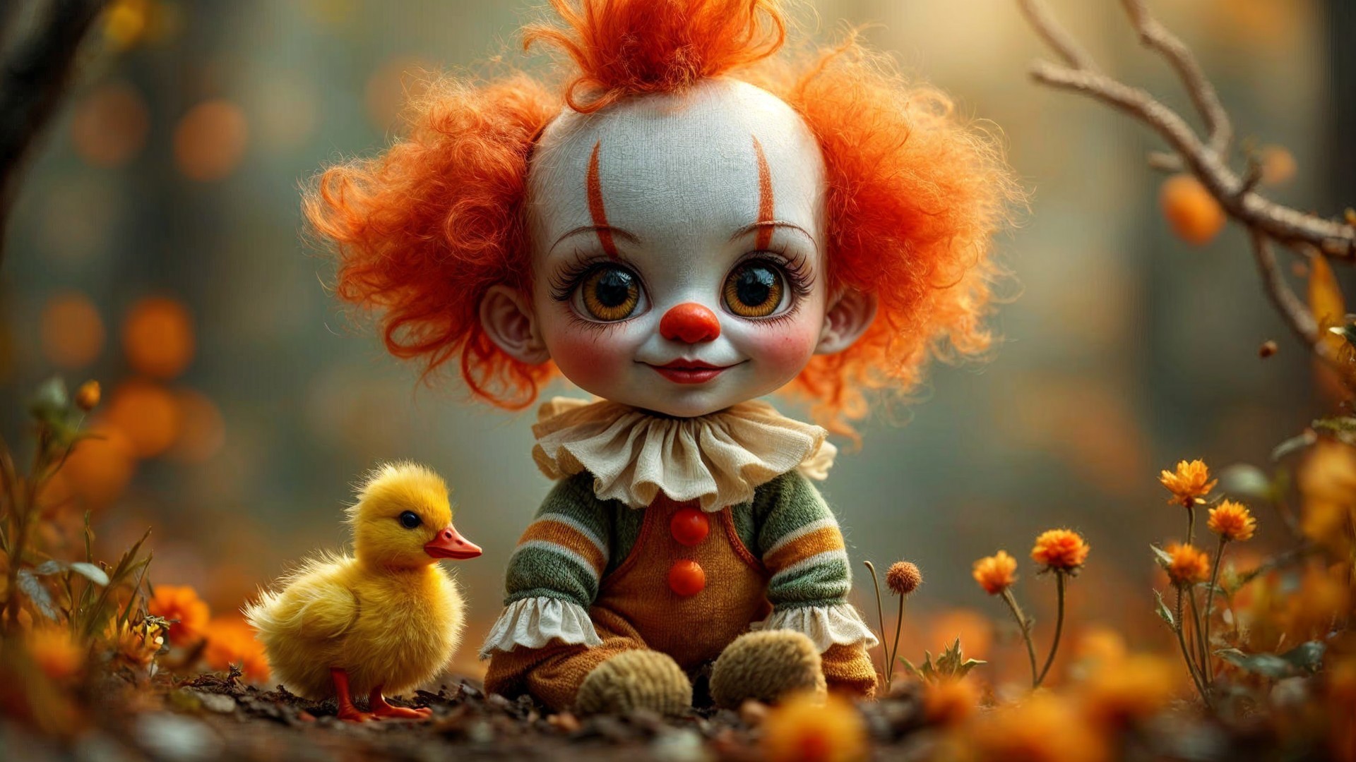 Whimsical clown doll in a flower meadow scene