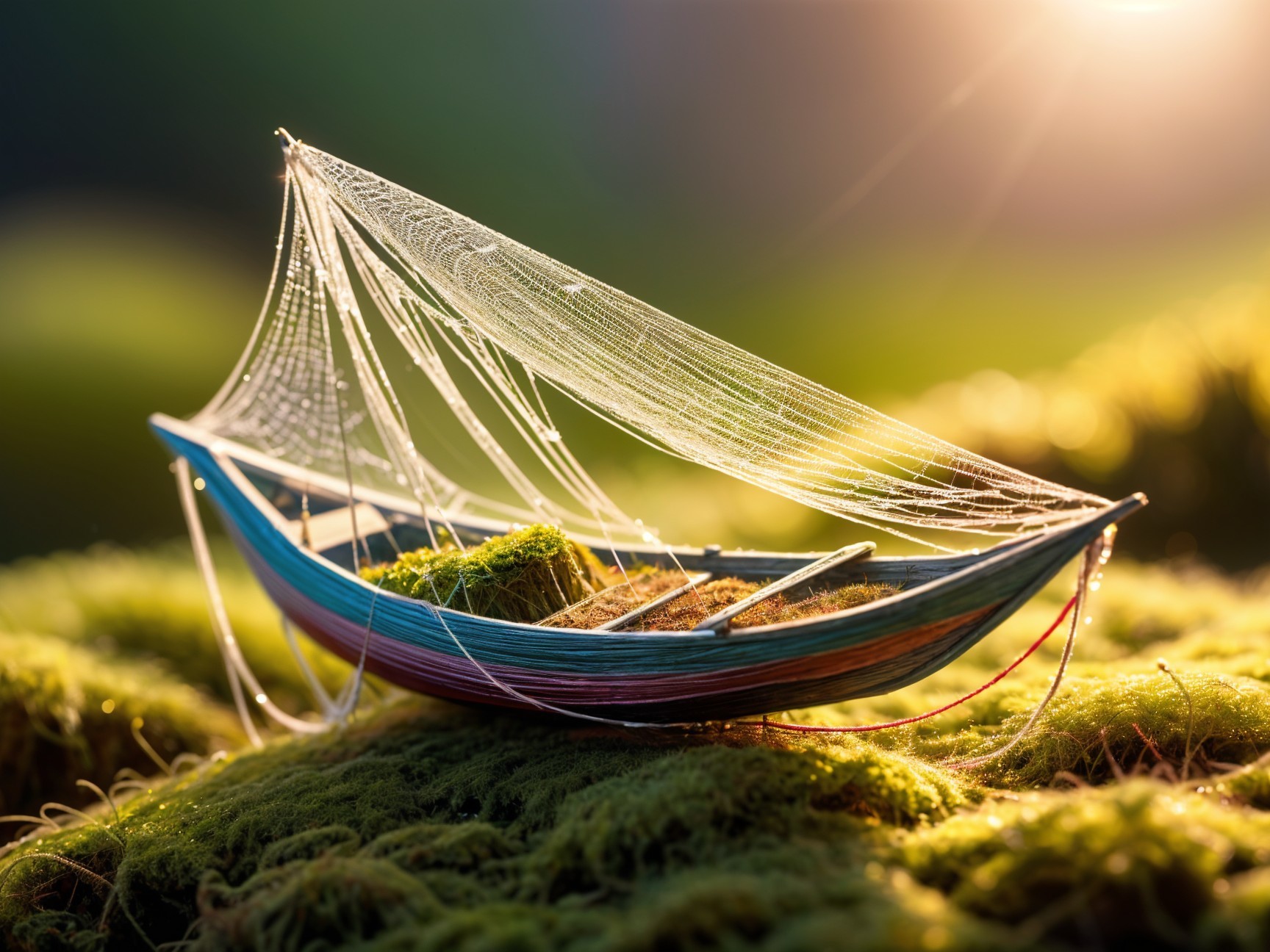 Miniature Boat on Moss with Spiderwebs in Sunlight