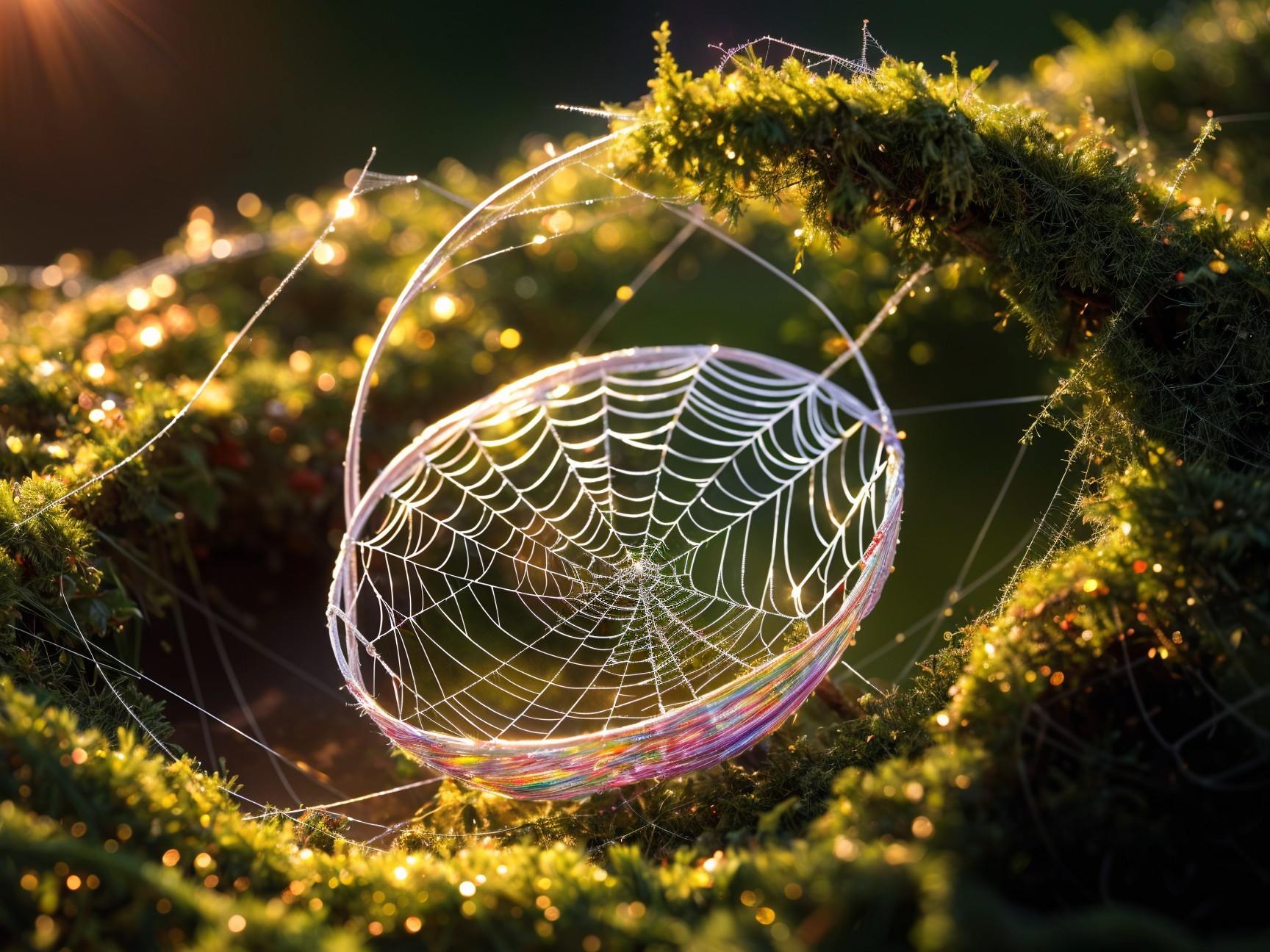 Delicate Spiderweb Resembles Bowl Among Green Moss