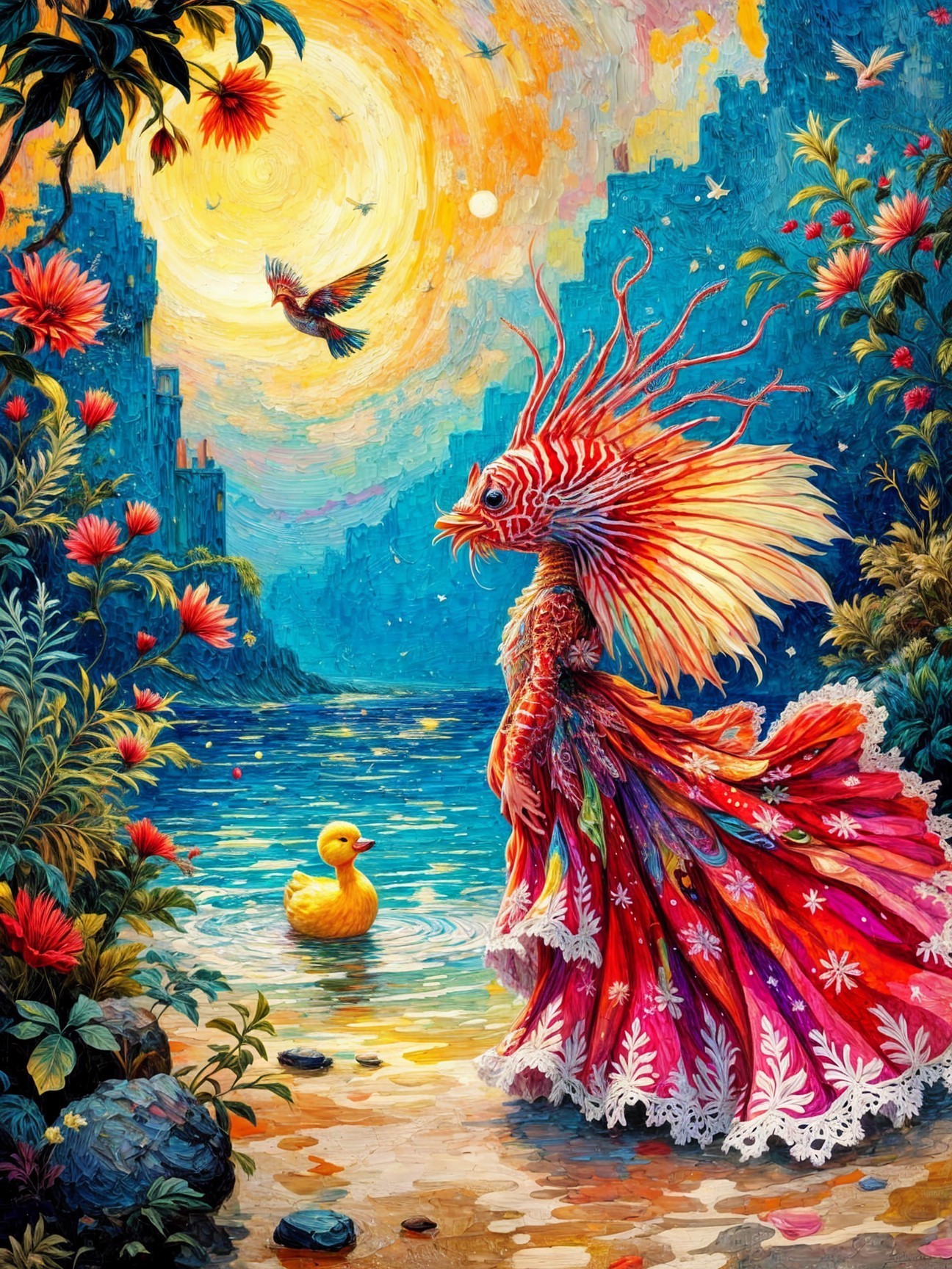 Whimsical Fish Figure in Red Dress by Luminous Water