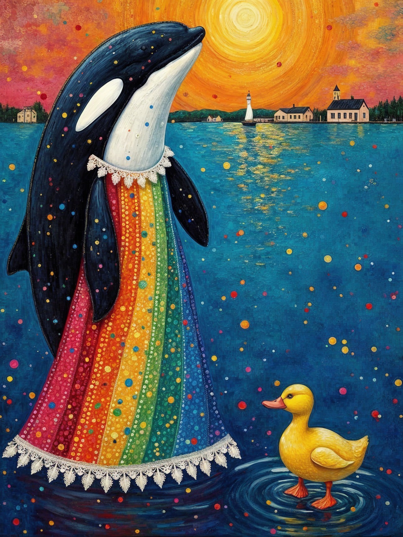 Whimsical Orca in Rainbow Gown by Shimmering Water
