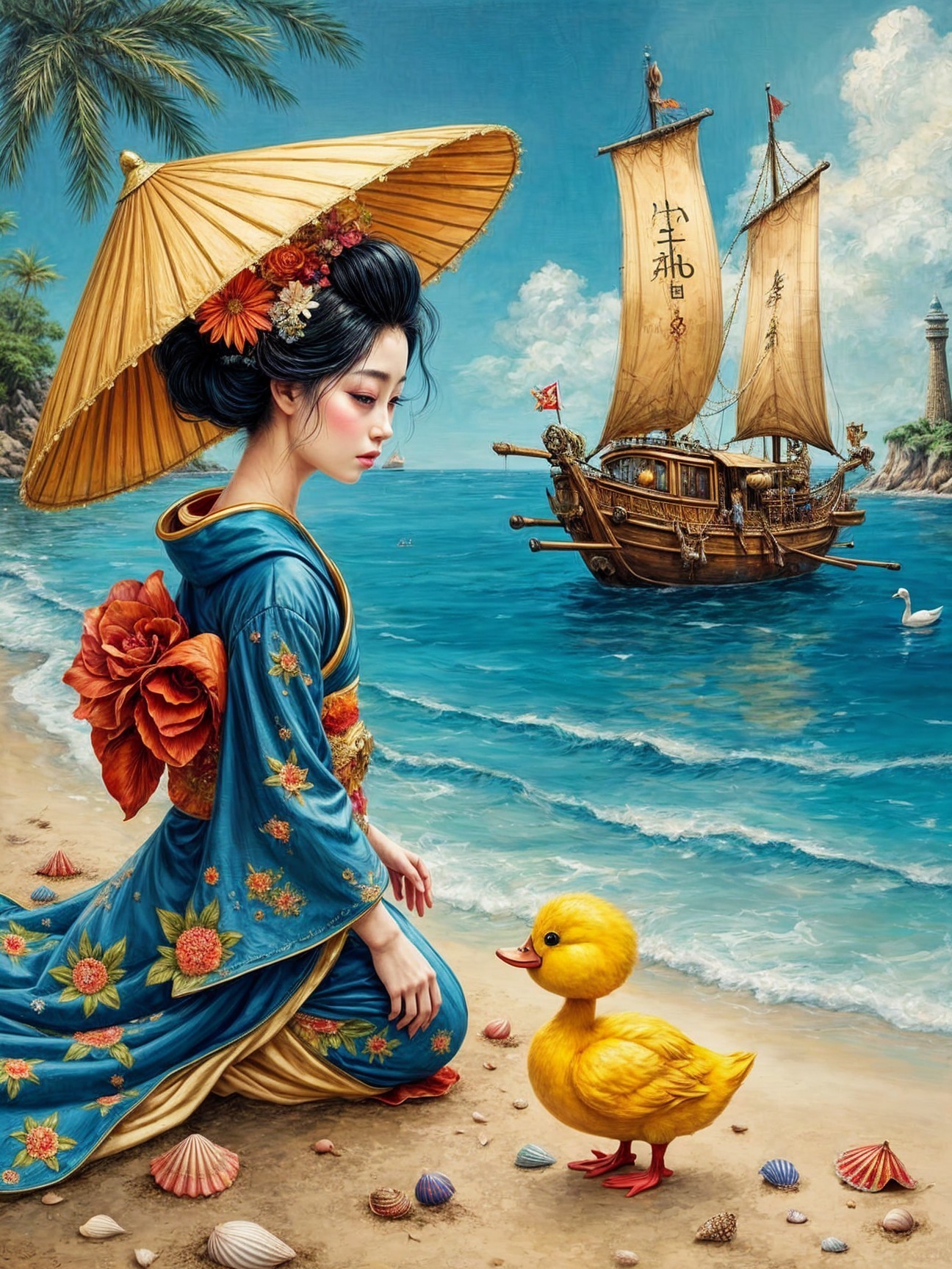 Serene beach scene with woman in kimono and duckling