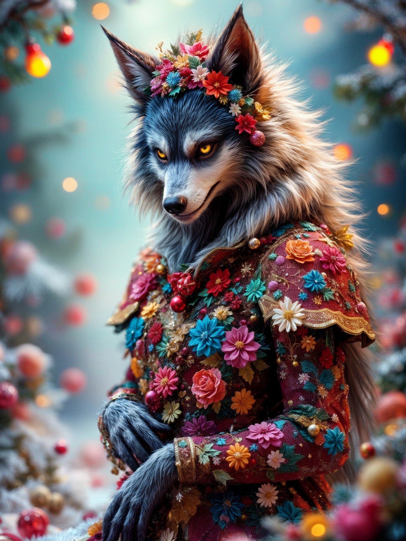 Majestic wolf character in floral gown with glowing backdrop