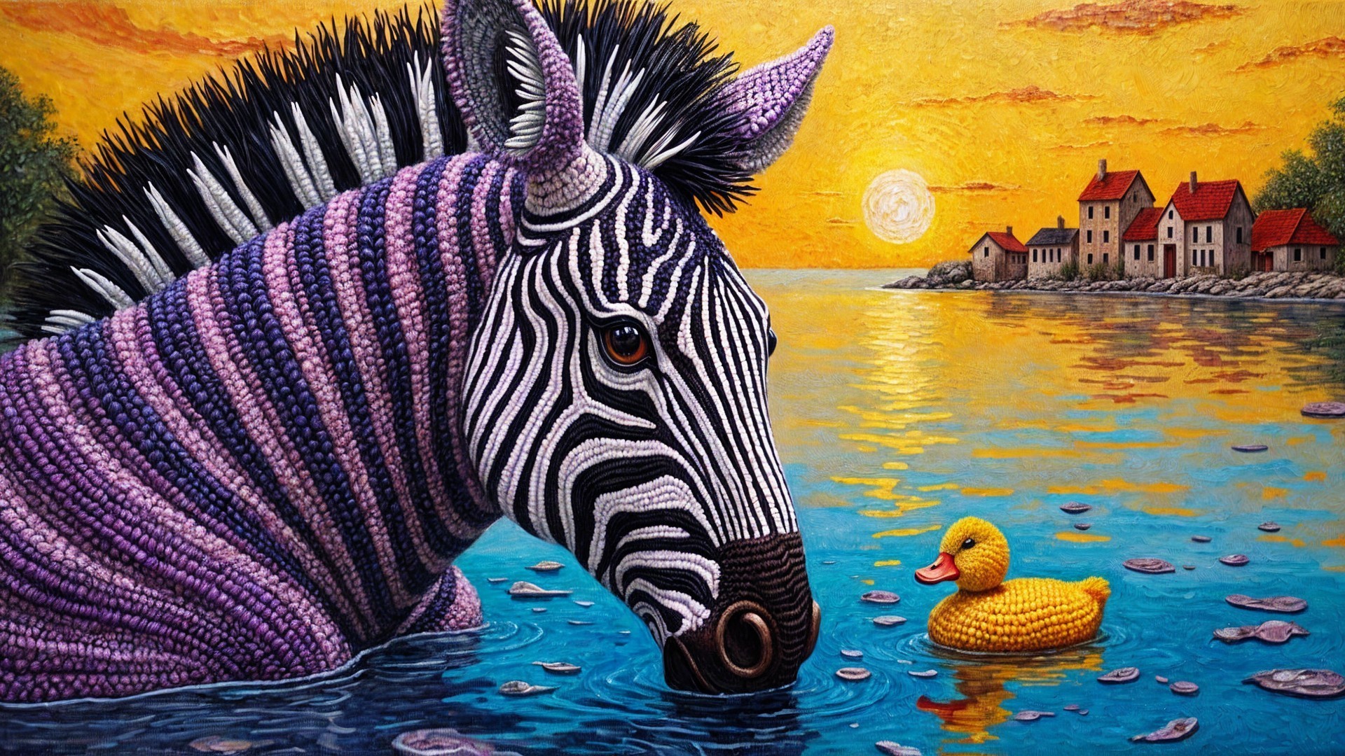 Vibrant Sunset Over Serene Landscape with Zebra and Duck
