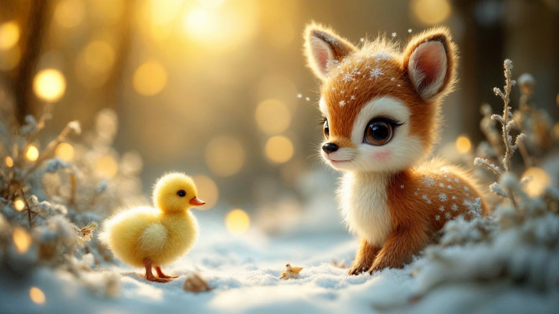 Whimsical Fox and Duckling in Snowy Forest Scene