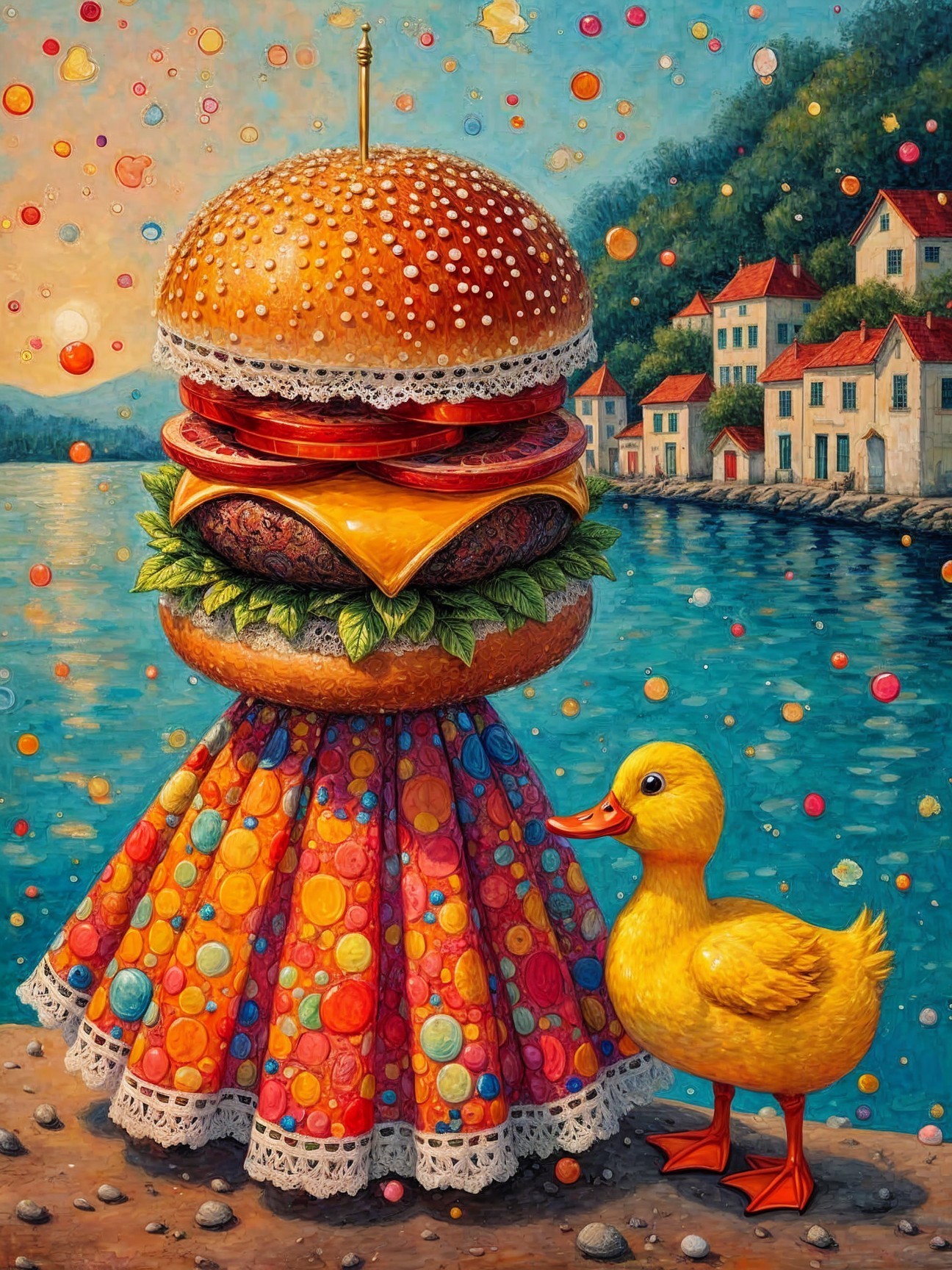 Giant Burger in a Skirt by the Water with a Duck
