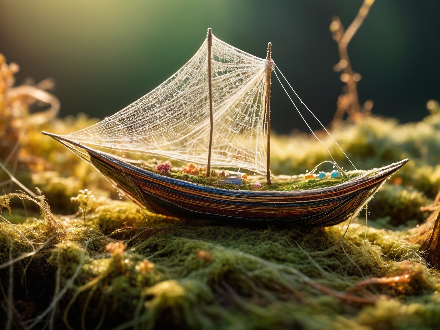 Miniature Boat on Green Moss with Intricate Sails