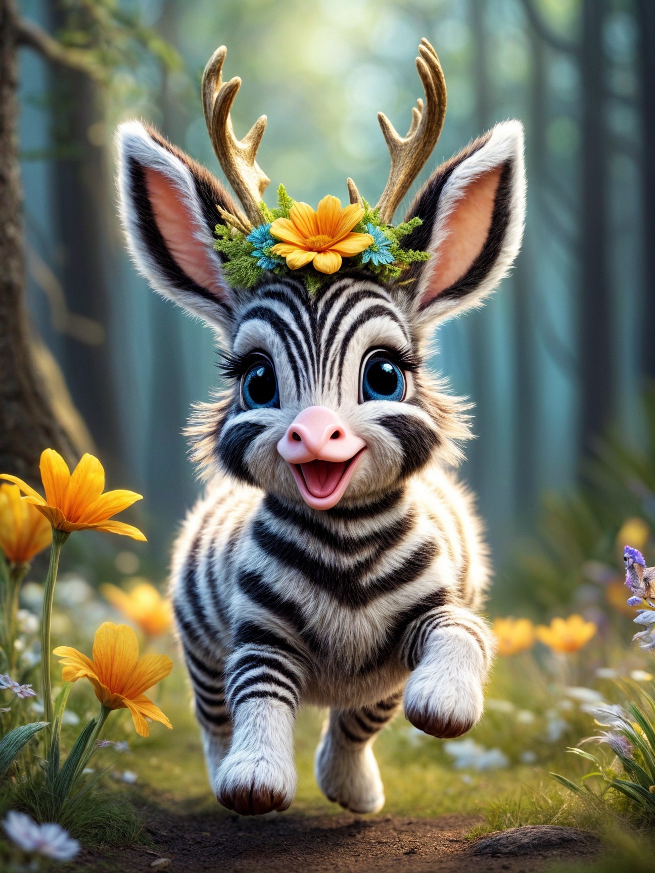 Whimsical Zebra-Deer Creature in a Vibrant Forest