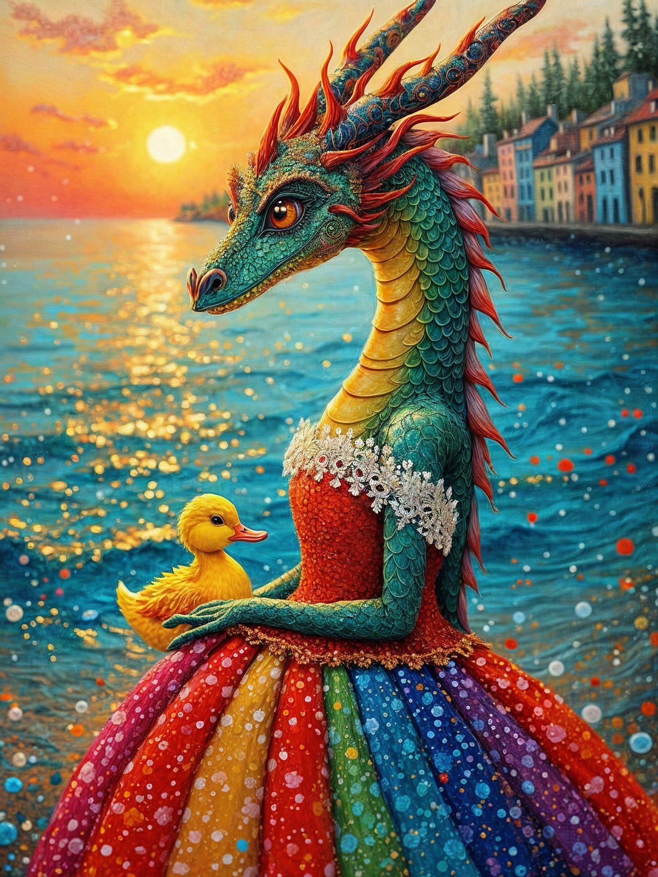 Colorful dragon in ornate dress by tranquil waterfront