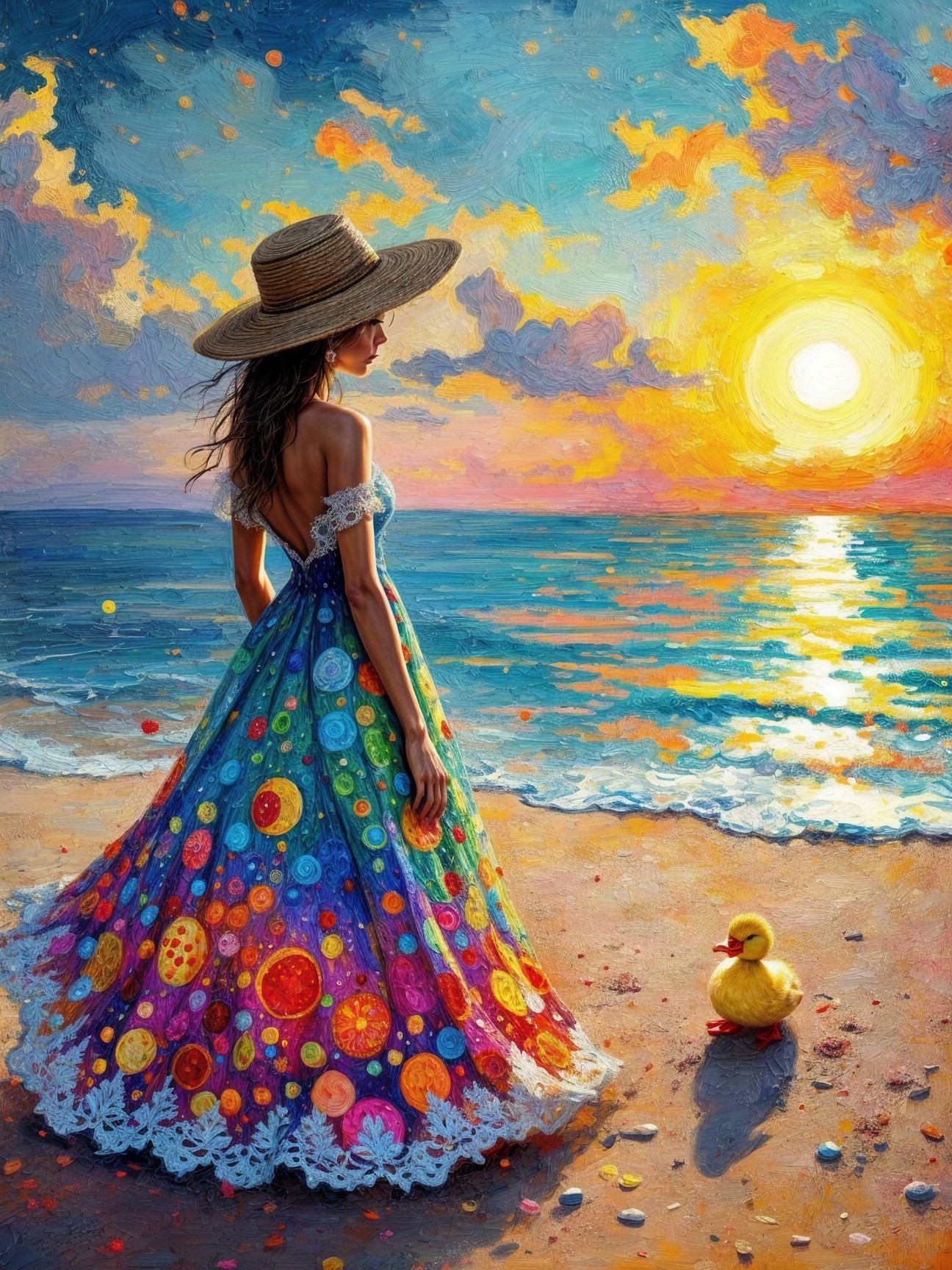 Woman in Colorful Dress at Beach During Sunset