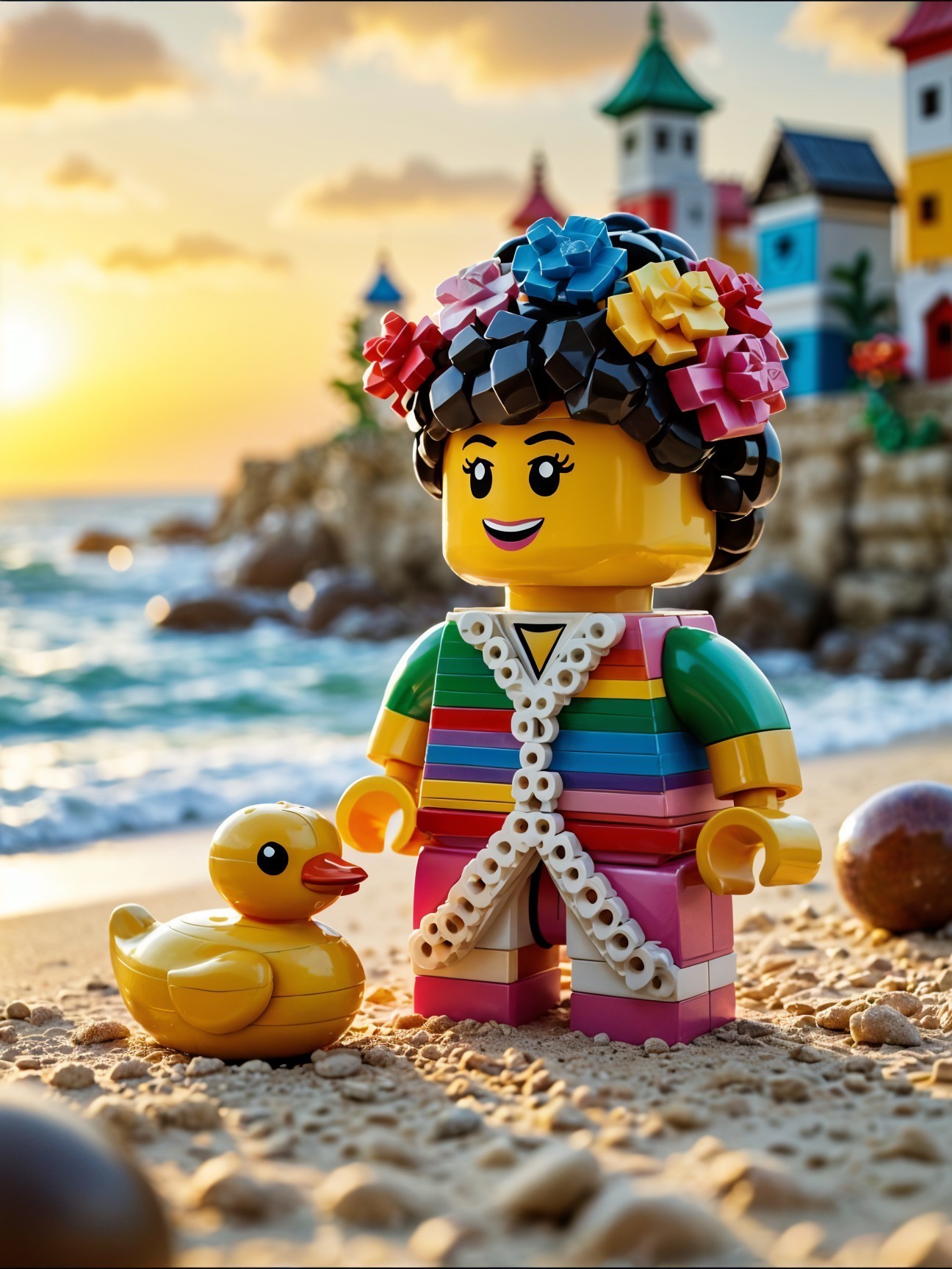 LEGO Figure on Beach with Floral Crown and Sunset