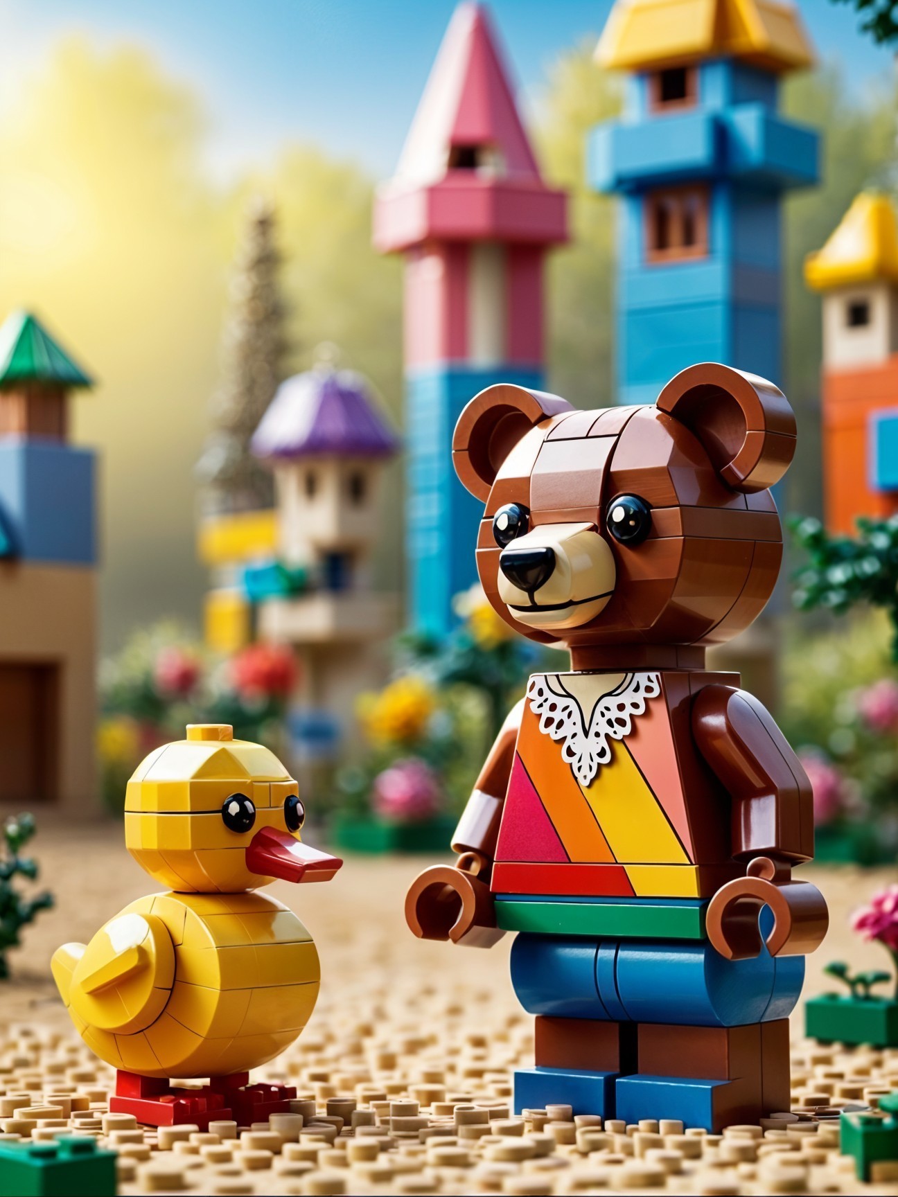 LEGO Bear and Duck in a Colorful Fairytale Scene