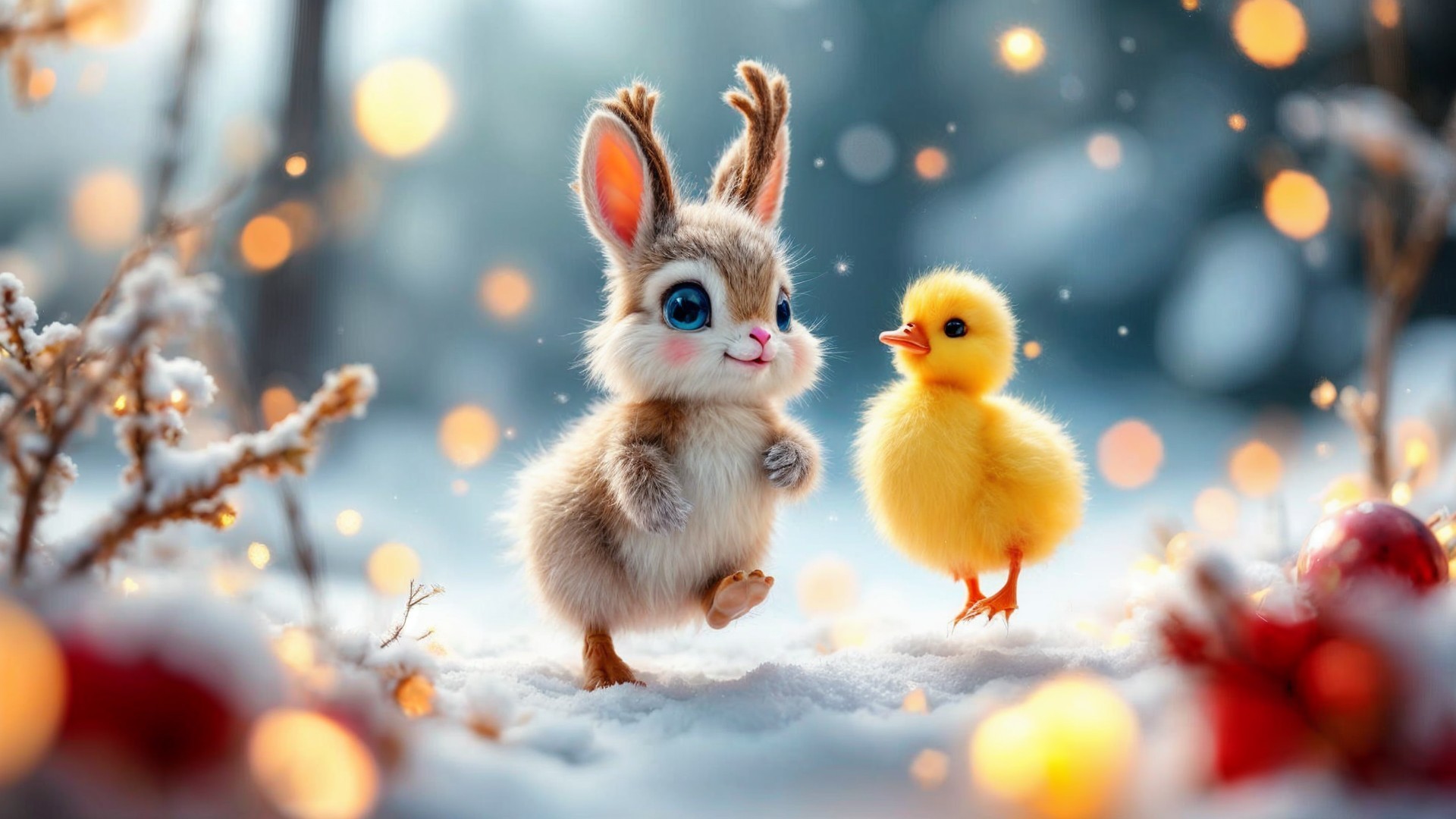 Fluffy Rabbit and Duckling in Winter Wonderland