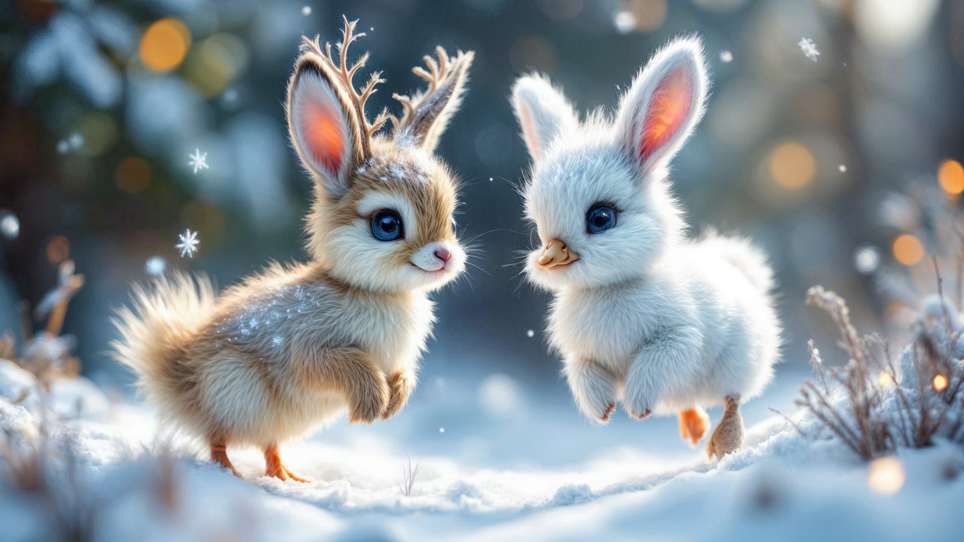Fluffy Creatures Playing in a Snowy Landscape