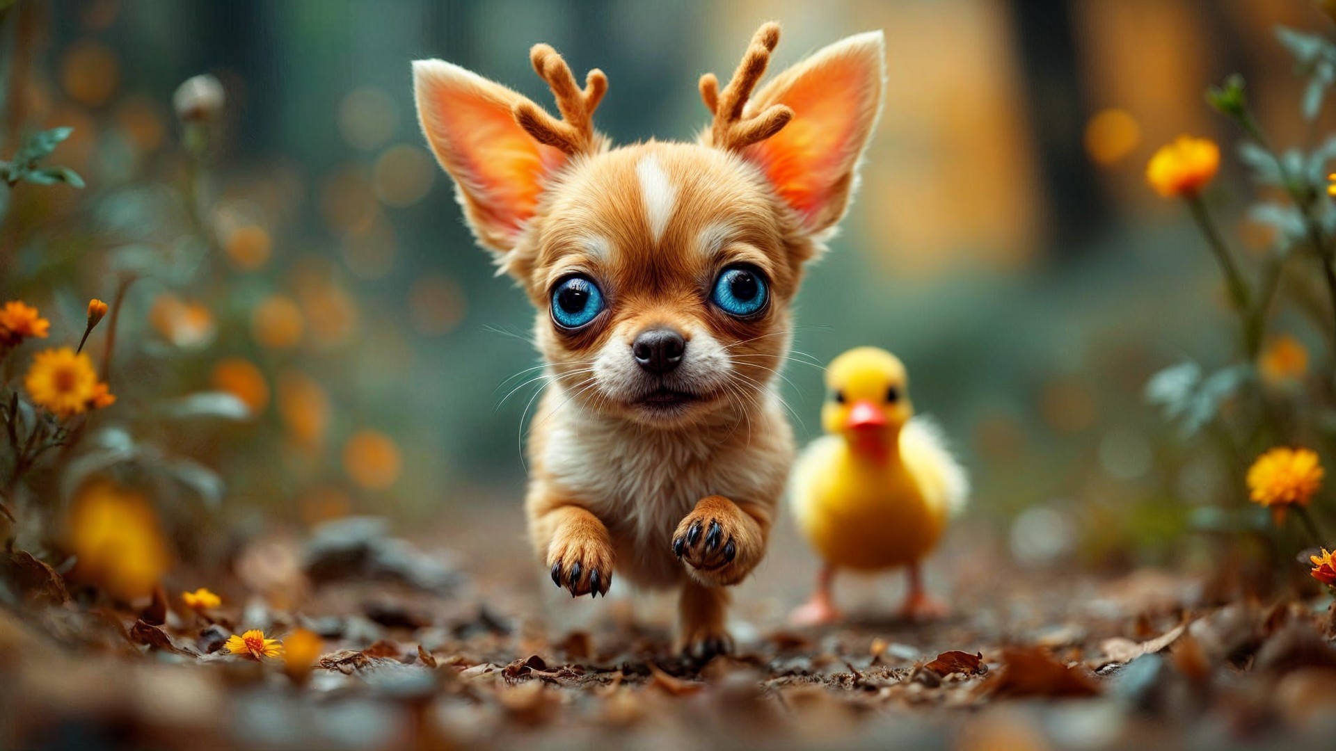 Charming Chihuahua and Duckling in Flower Forest