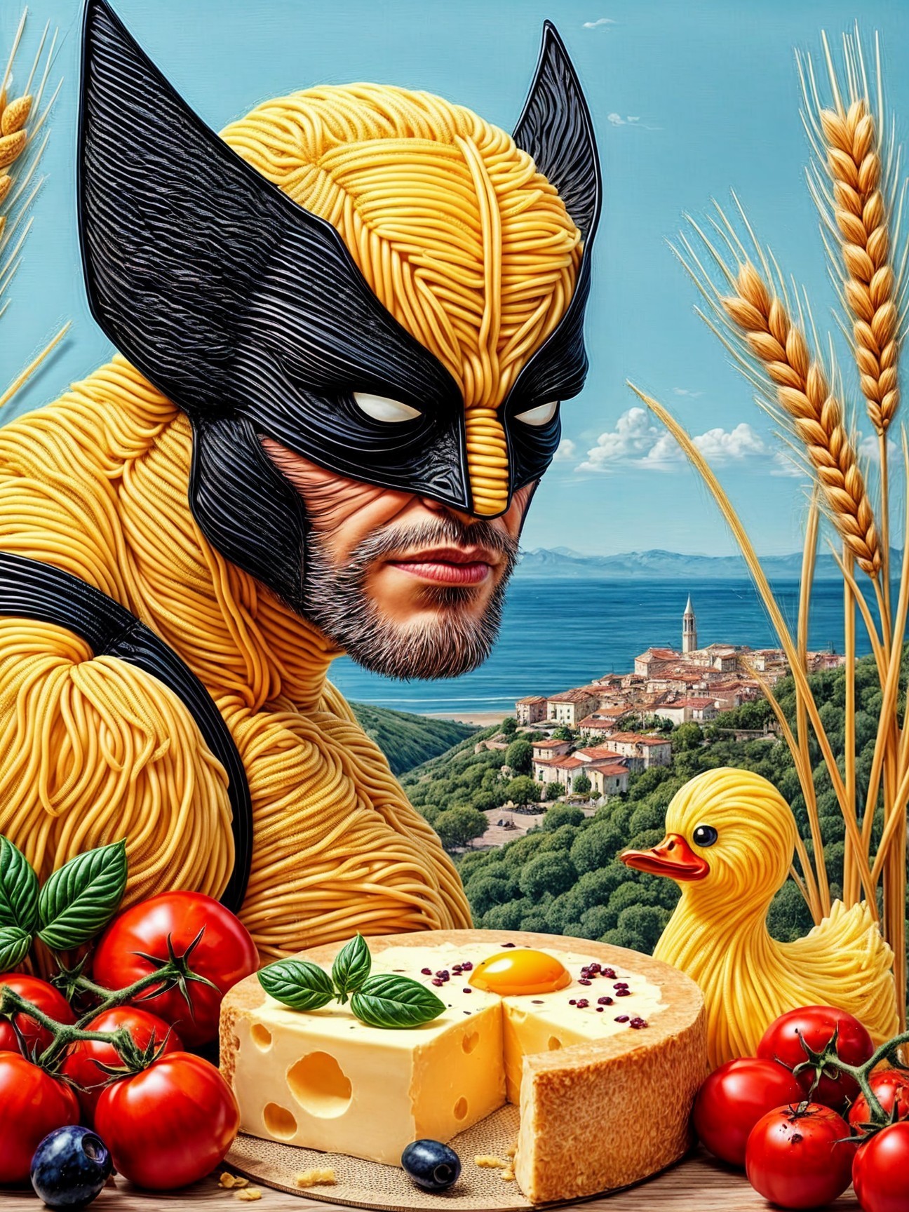 Whimsical Superhero Character in Culinary Landscape