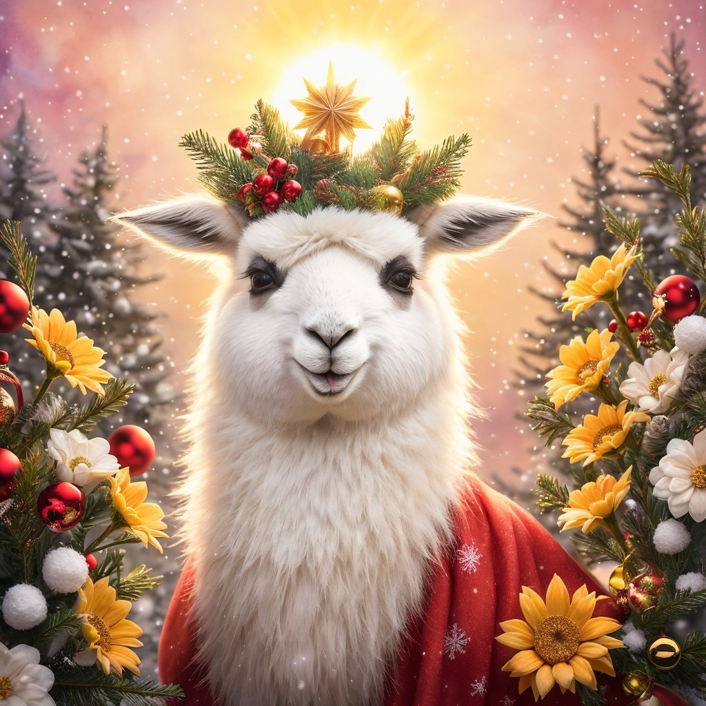 Festive Llama in Winter Scene with Christmas Decor