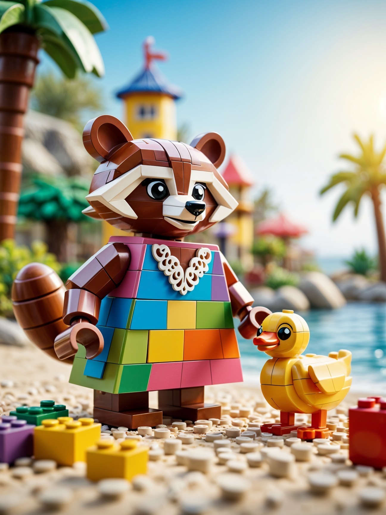 Colorful LEGO Raccoon and Duck on a Beach Scene