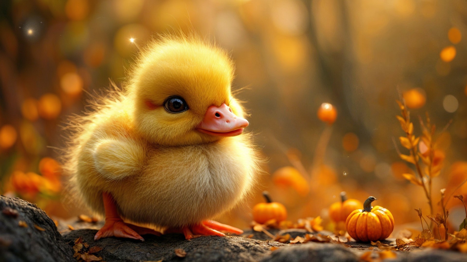 Fluffy Duckling Amidst Autumn Foliage and Pumpkins