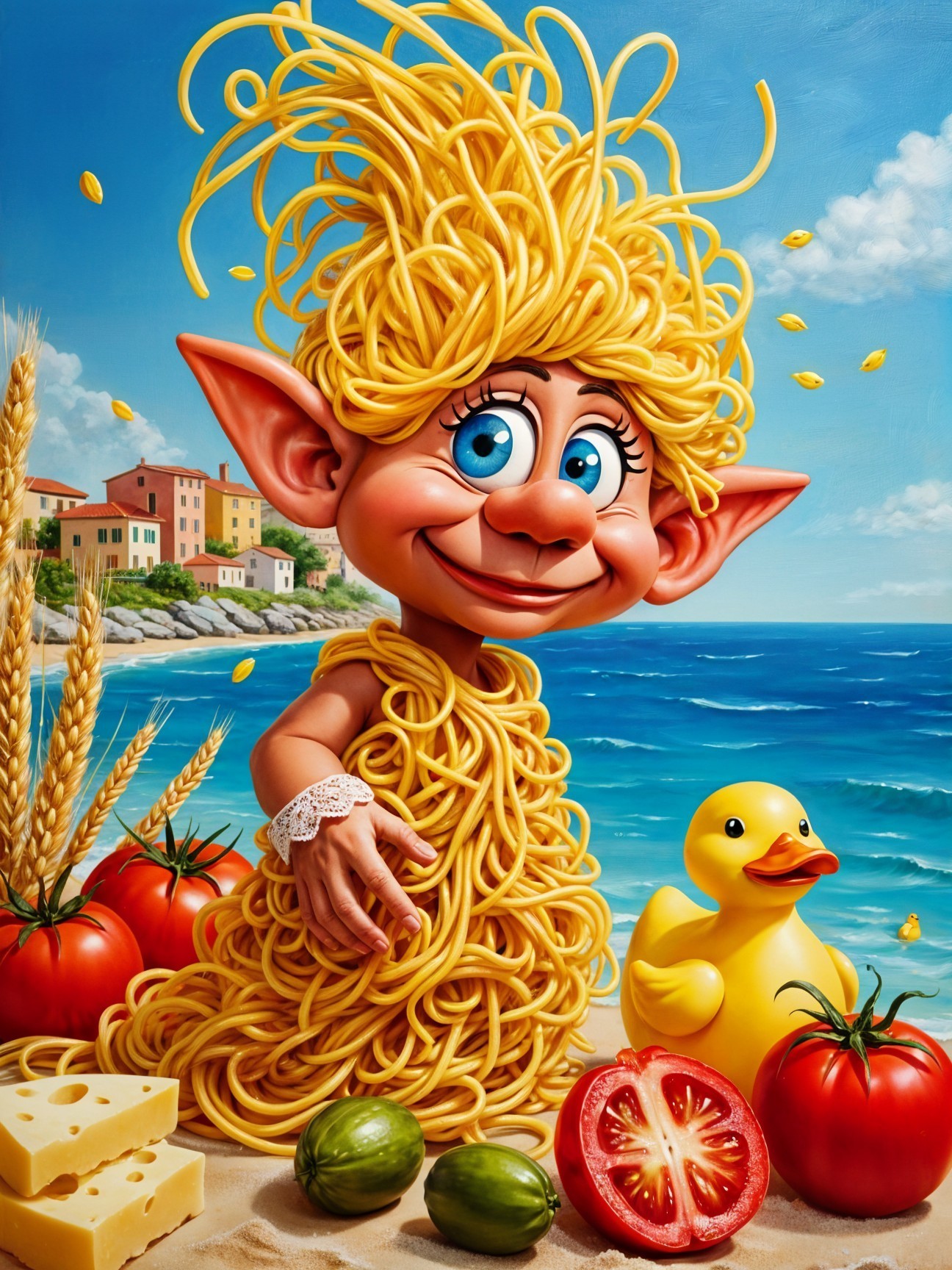 Whimsical Character with Spaghetti Hairstyle at Beach