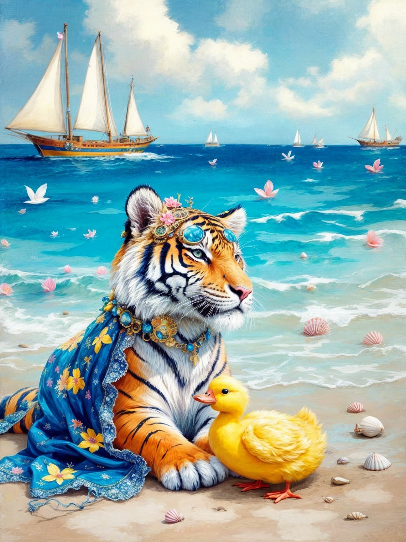 Tiger in Floral Shawl with Duckling on Beach