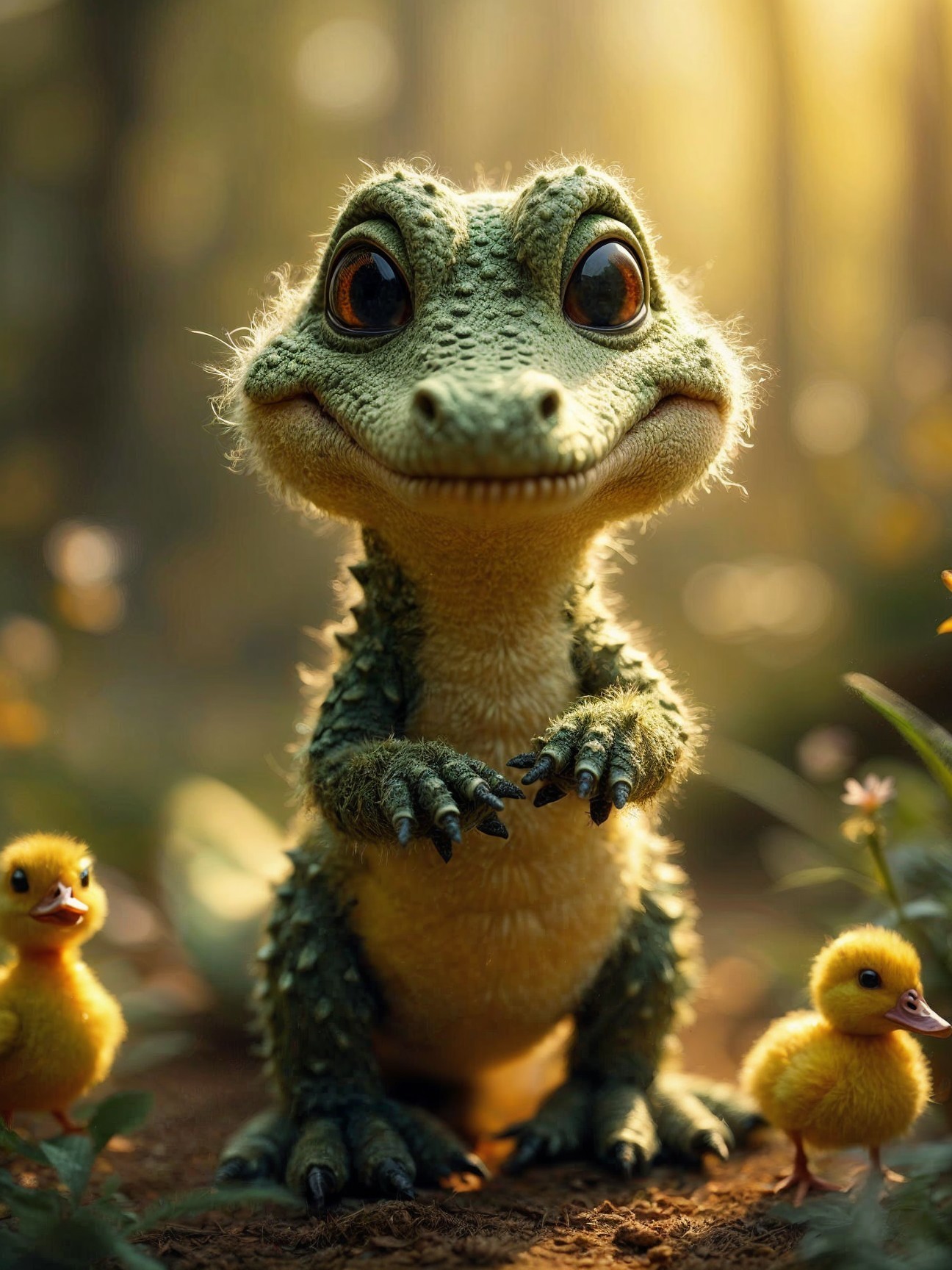 Cartoon Dinosaur Creature with Ducklings in Forest