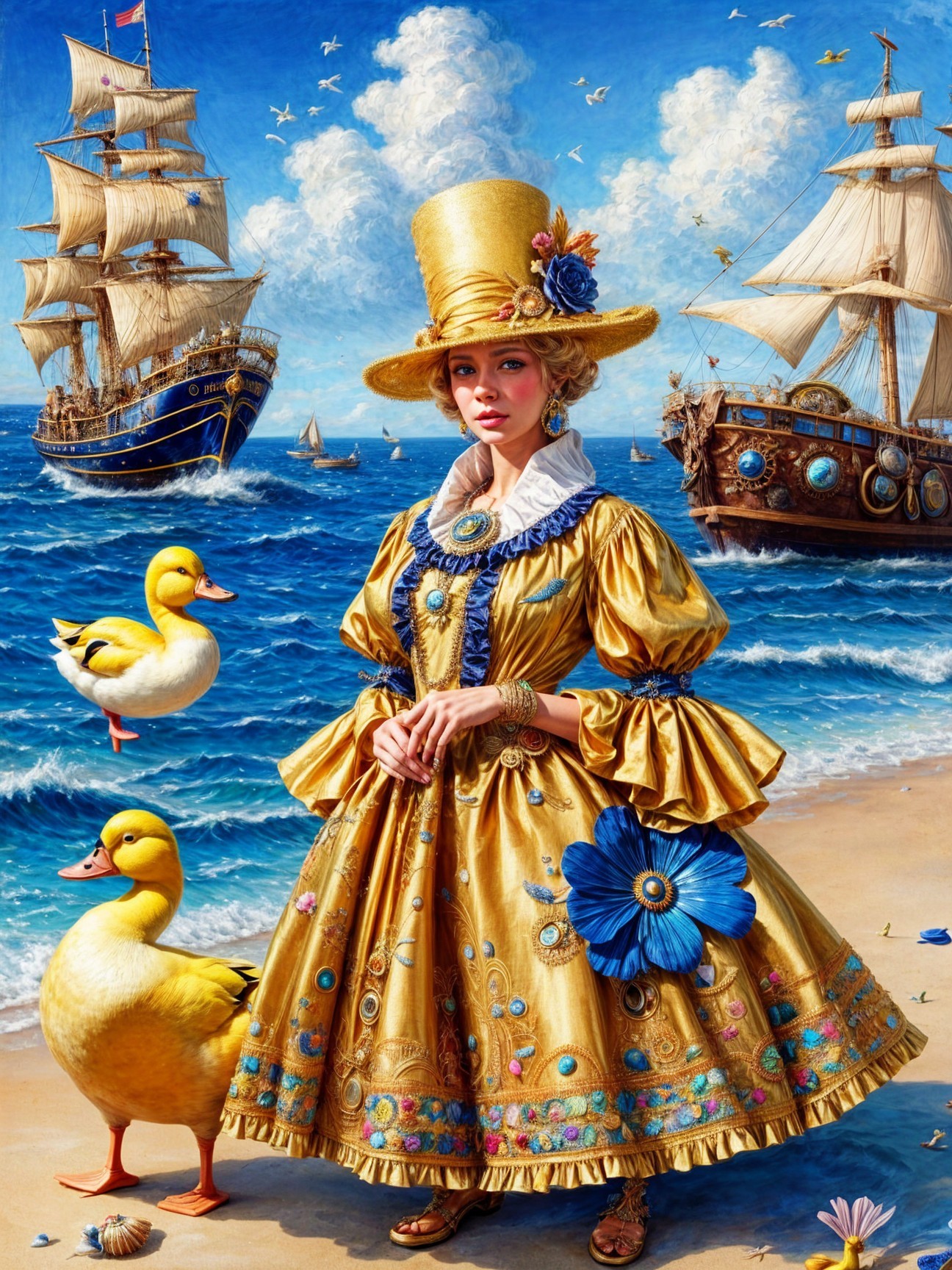 Young Woman in Golden Dress by the Seaside