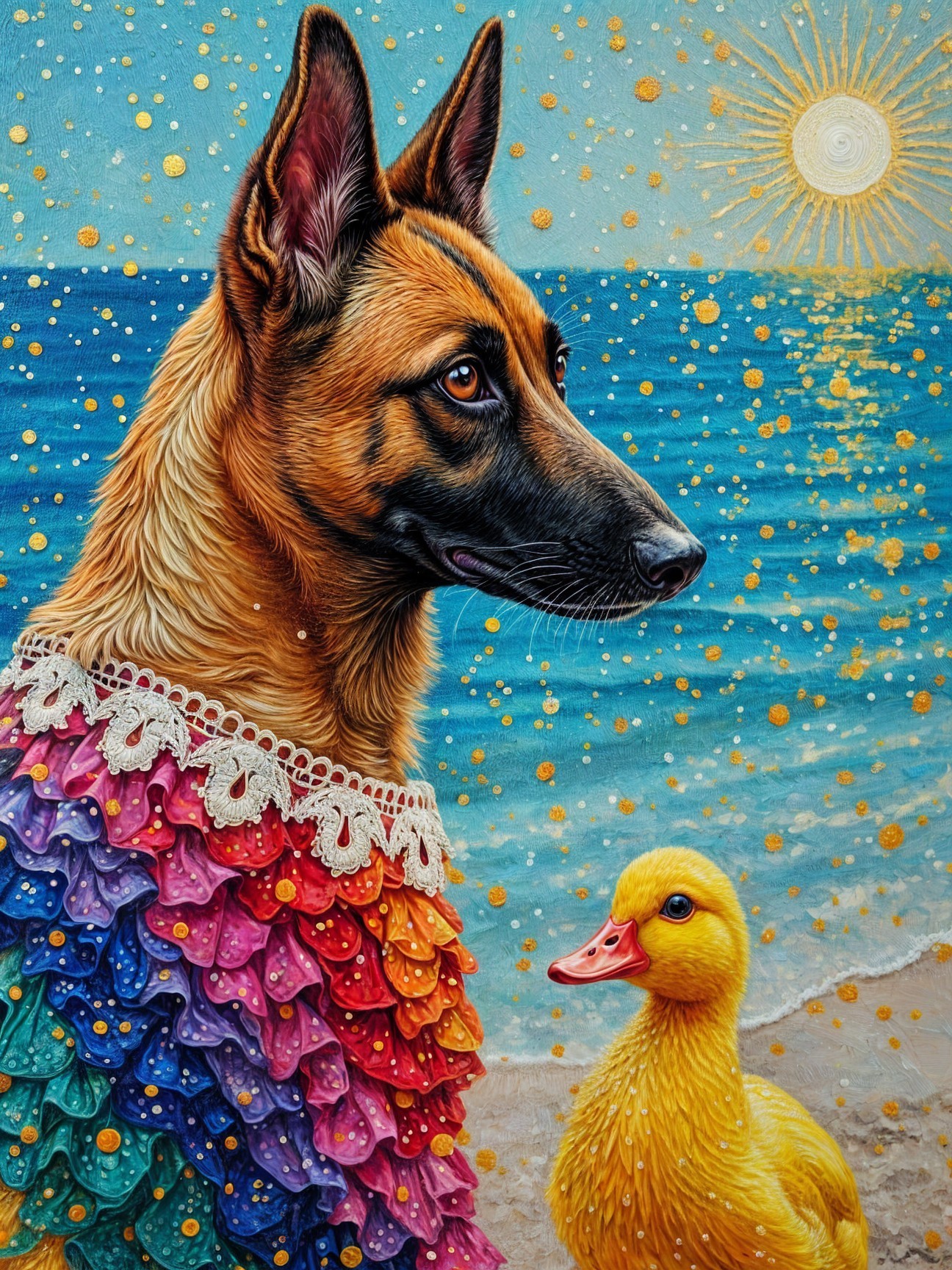 Dog in Rainbow Sweater with Duckling at Beach