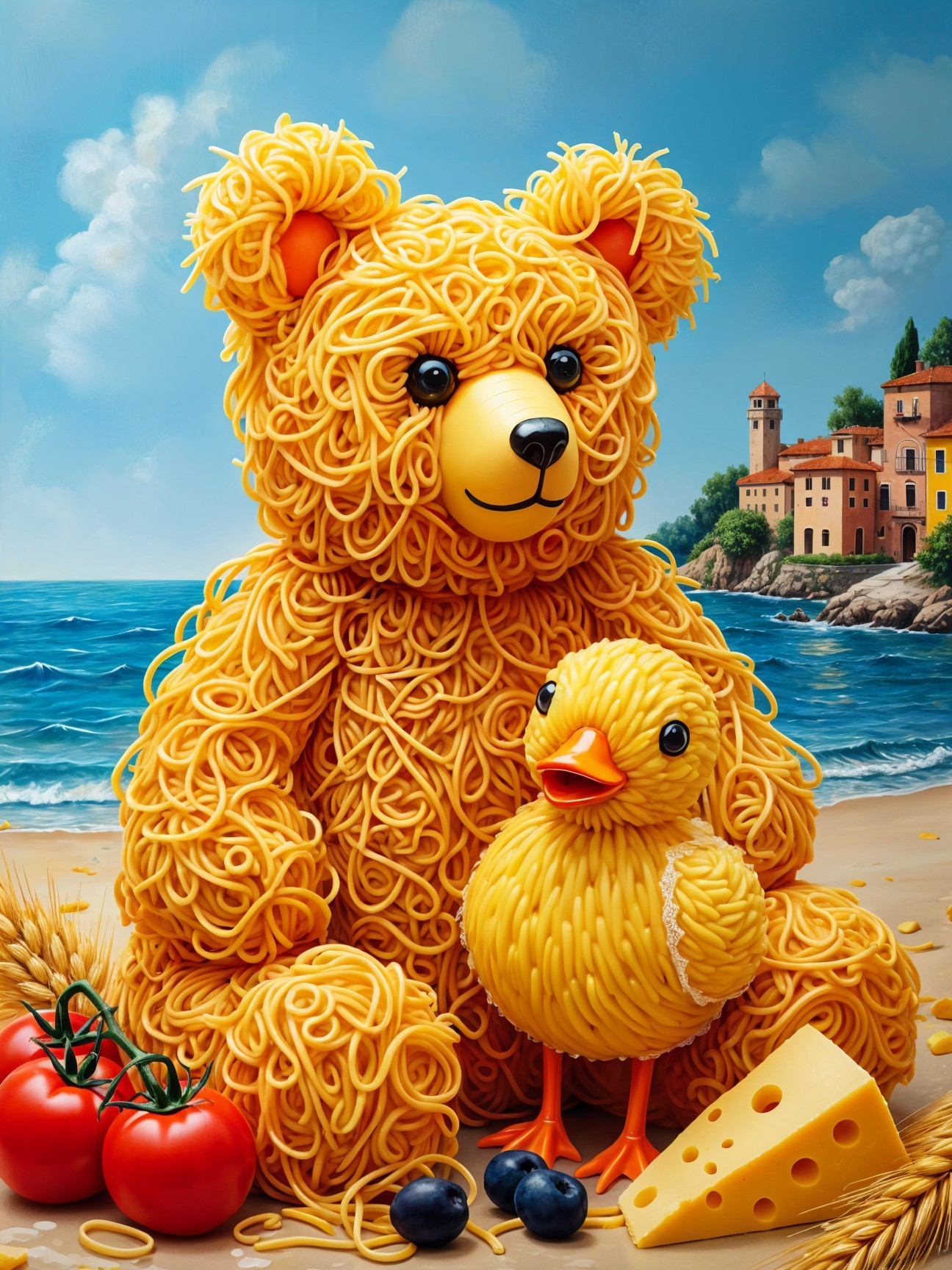 Teddy Bear and Duckling Made of Spaghetti on Beach