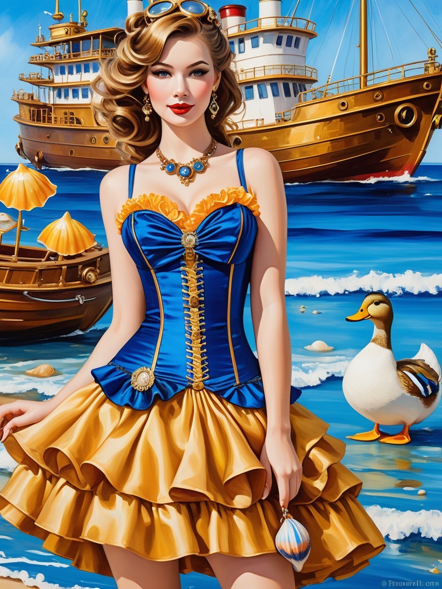 Glamorous Woman in Vintage Dress by Seaside